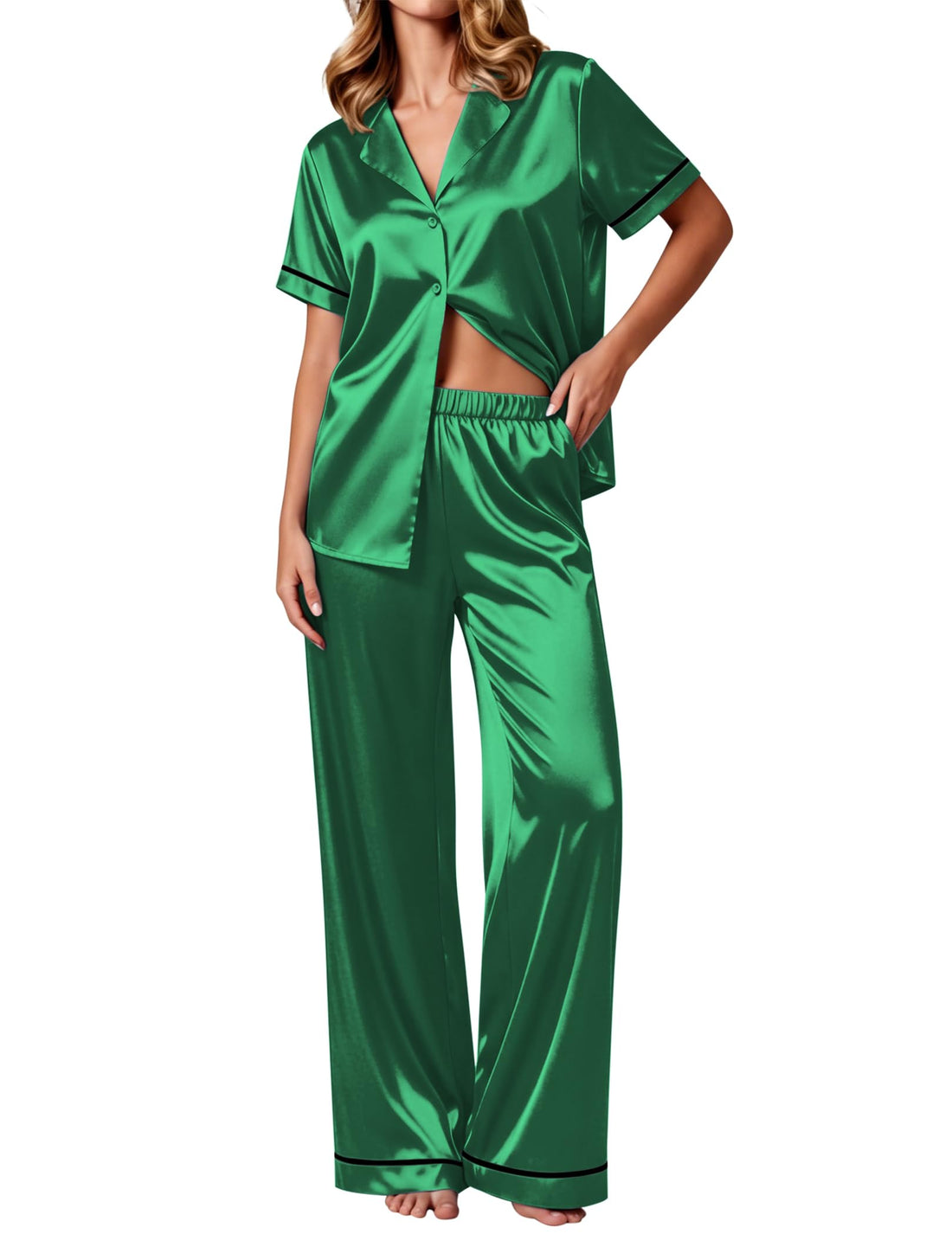 Ekouaer Women's Silk Pajamas Set Short Sleeve Pjs Button Down Lounge Set