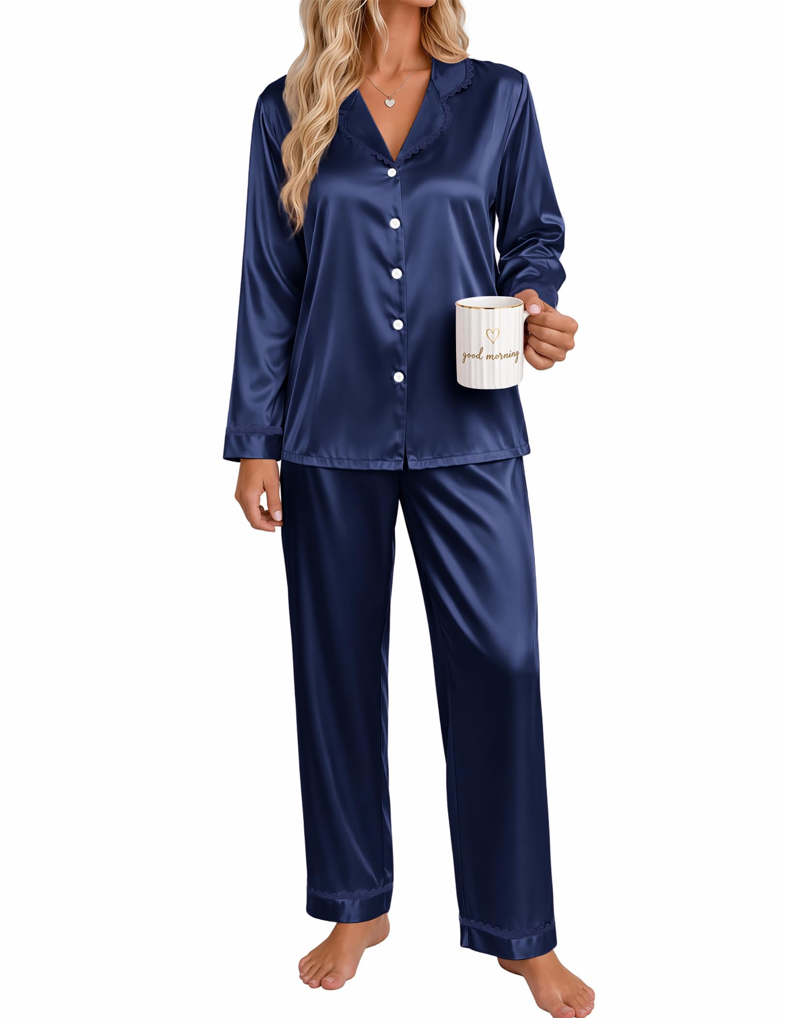 Ekouaer Satin Pajamas for Women Set 2 Piece Silk Pjs Long Sleeve Lounge Set