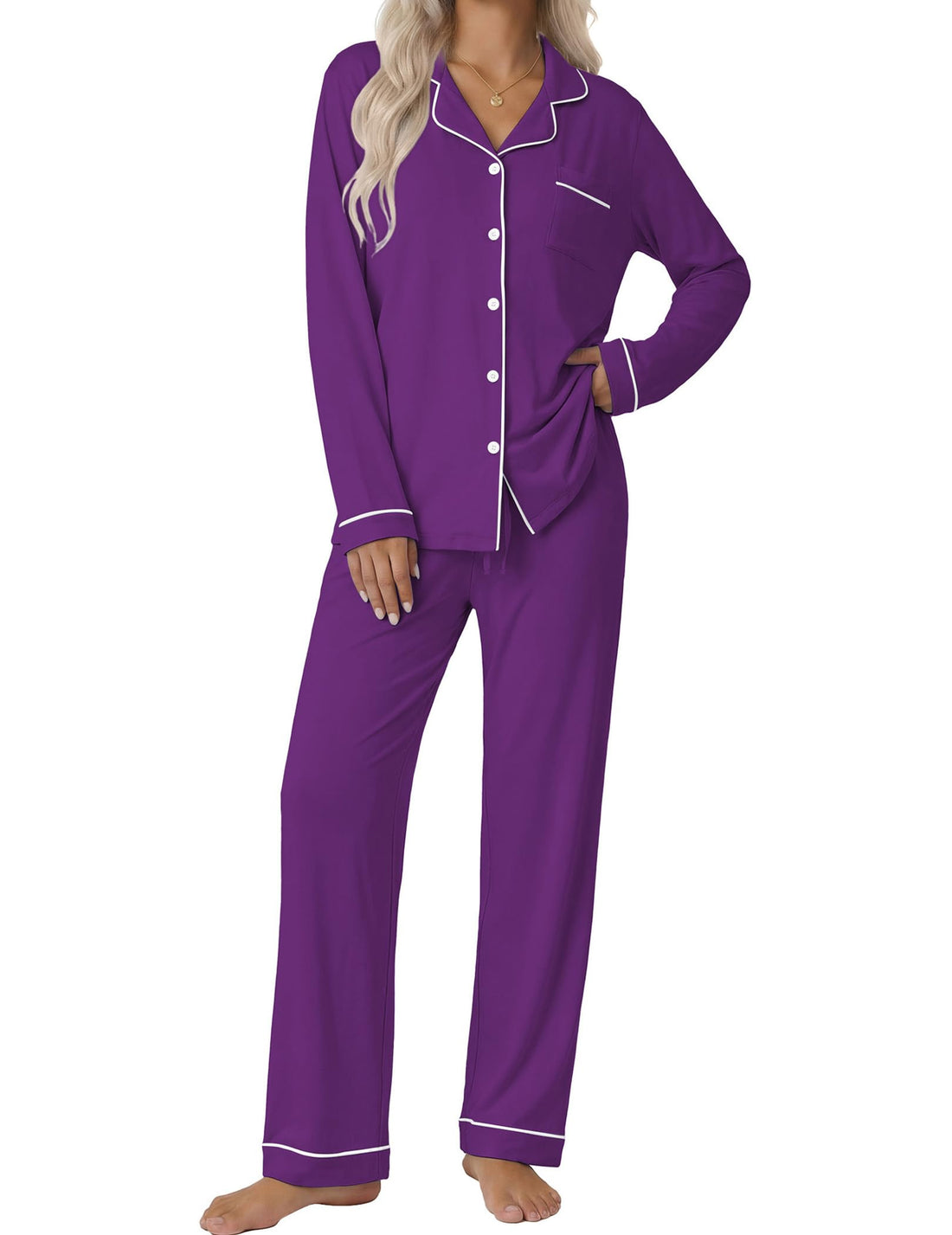 Ekouaer Women's Classic Long Sleeve Button Down Pajama Set