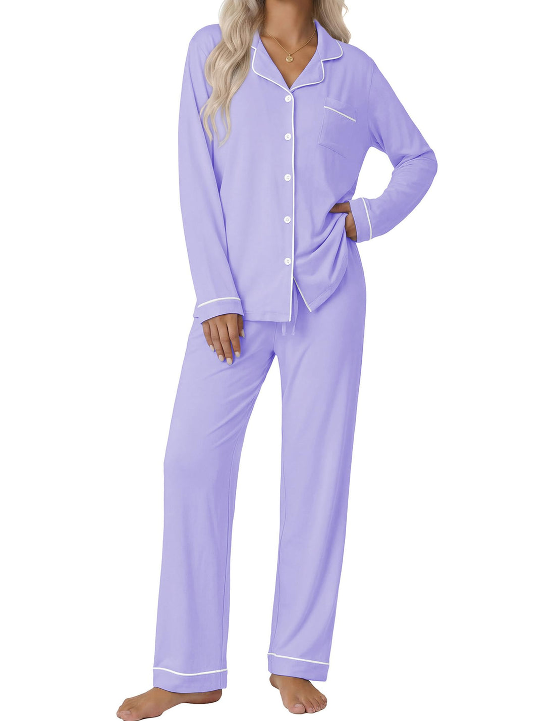 Ekouaer Women's Classic Long Sleeve Button Down Pajama Set
