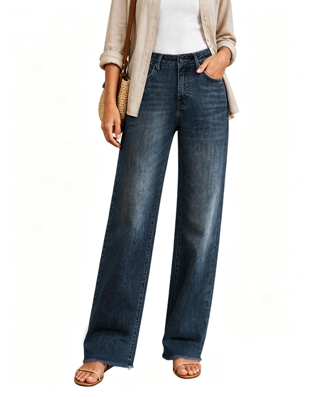 Womens High Waisted Jeans Stretchy Straight Leg Loose Fit Tummy Control Raw Hem Denim Pants Trendy Fashion