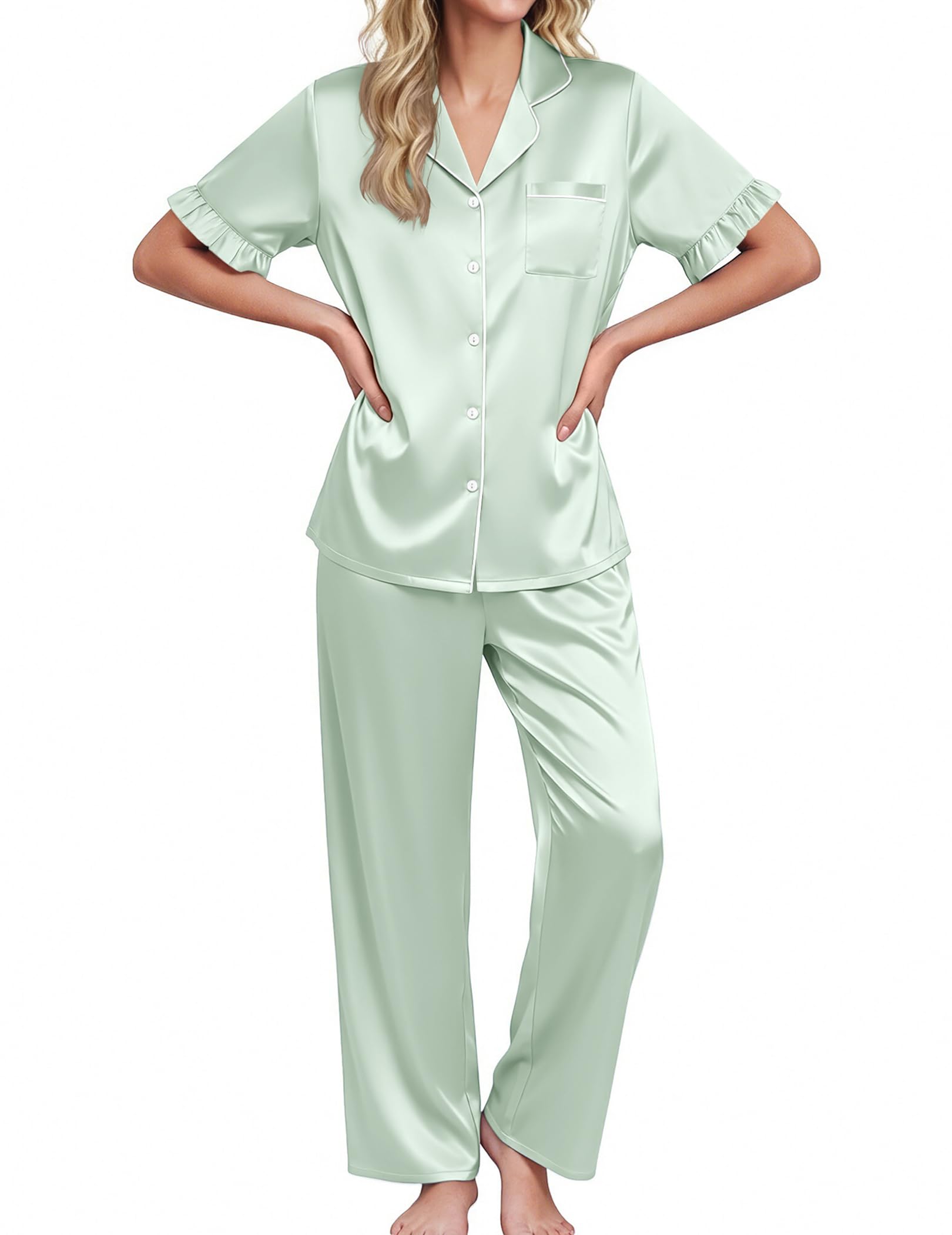 Ekouaer Silk Satin Pajamas for Women Set 2 Piece Short Sleeve Button Up Pjs
