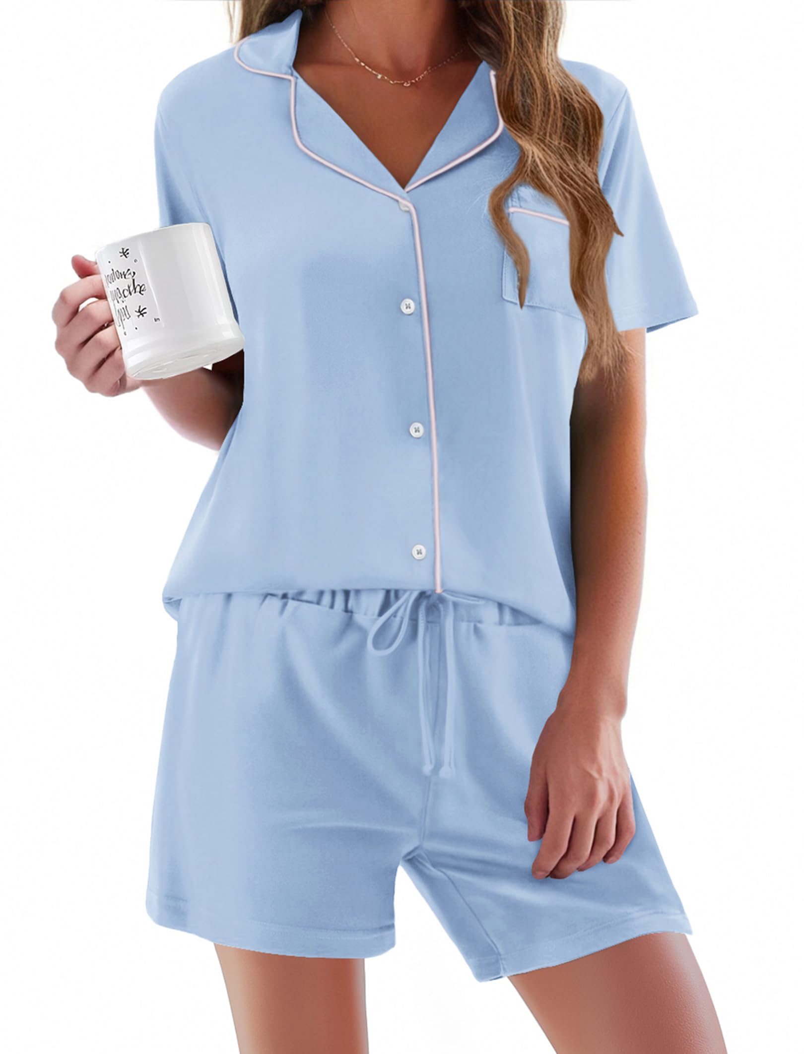 Ekouaer Pajamas Set for Women Short Sleeve Sleepwear Button Down Pj XS-XXXL