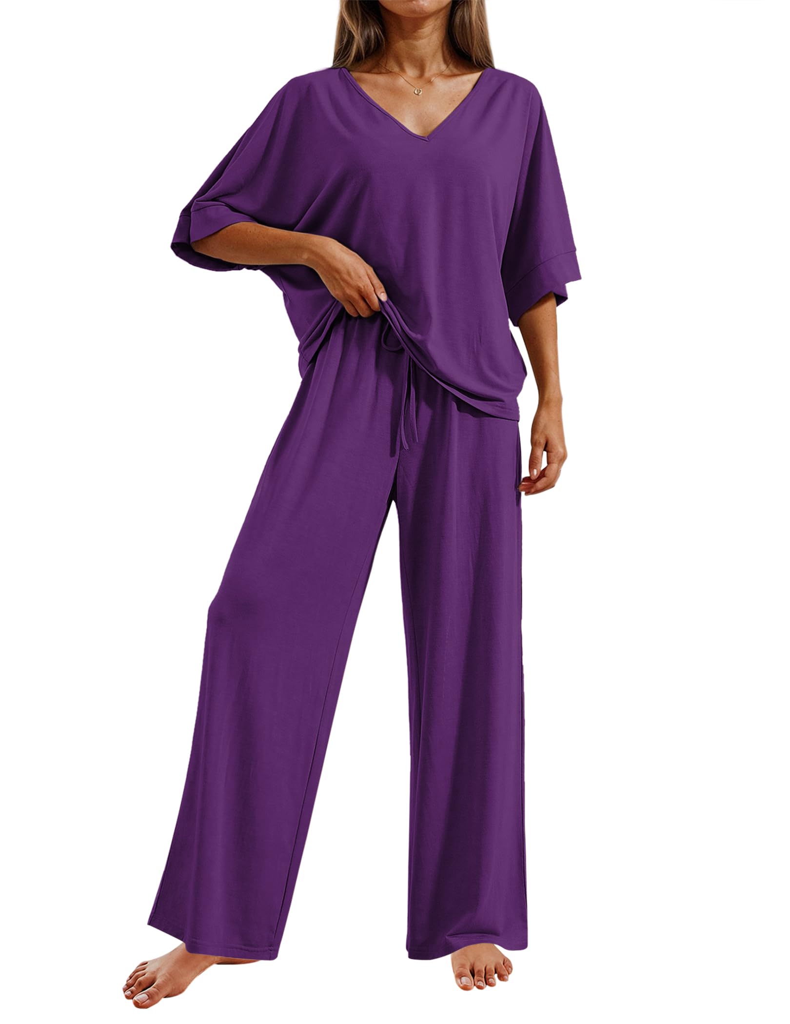 Ekouaer Pajama Sets Womens 2 Piece Short Sleeve Long Pants Pjs Lounge Set