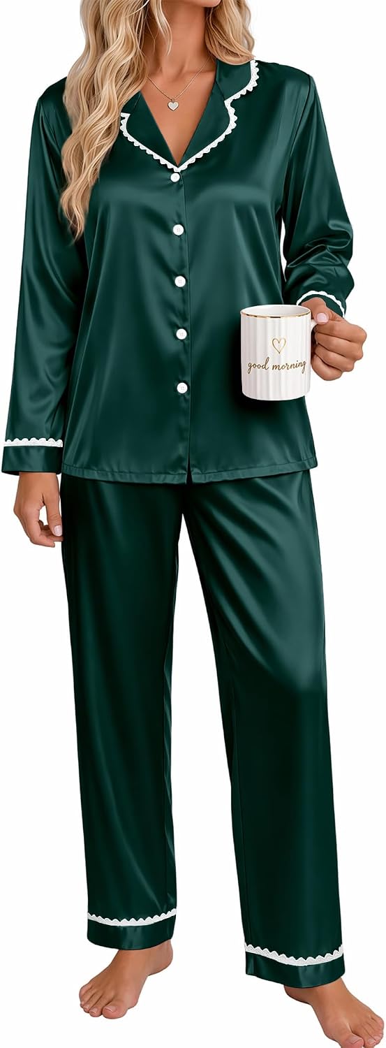 Ekouaer Satin Pajamas for Women Set 2 Piece Silk Pjs Long Sleeve Lounge Set