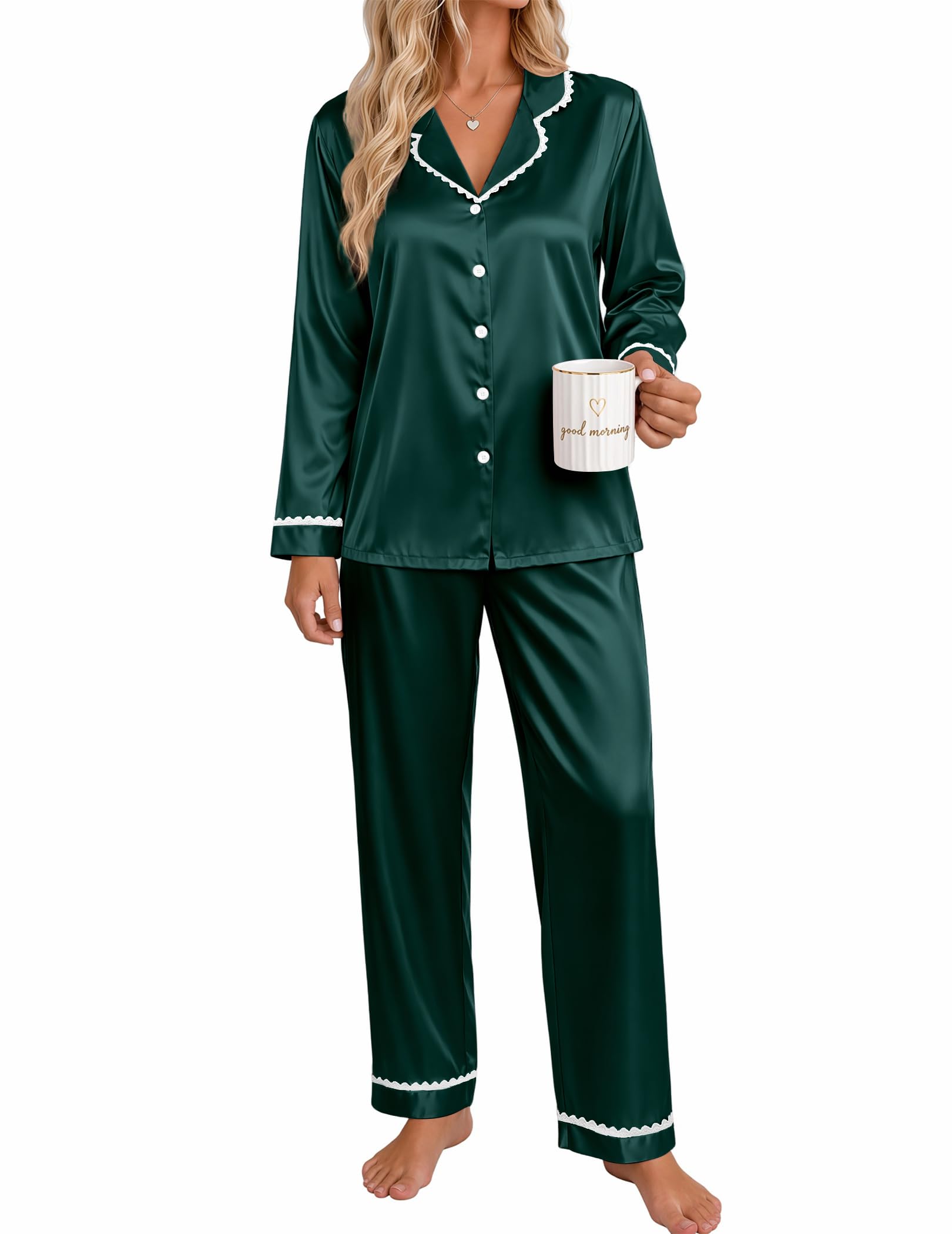 Ekouaer Satin Pajamas for Women Set 2 Piece Silk Pjs Long Sleeve Lounge Set