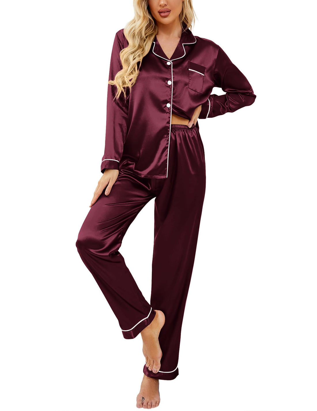 Ekouaer Women's Classic Button Down Long Satin Silk Pajama Set