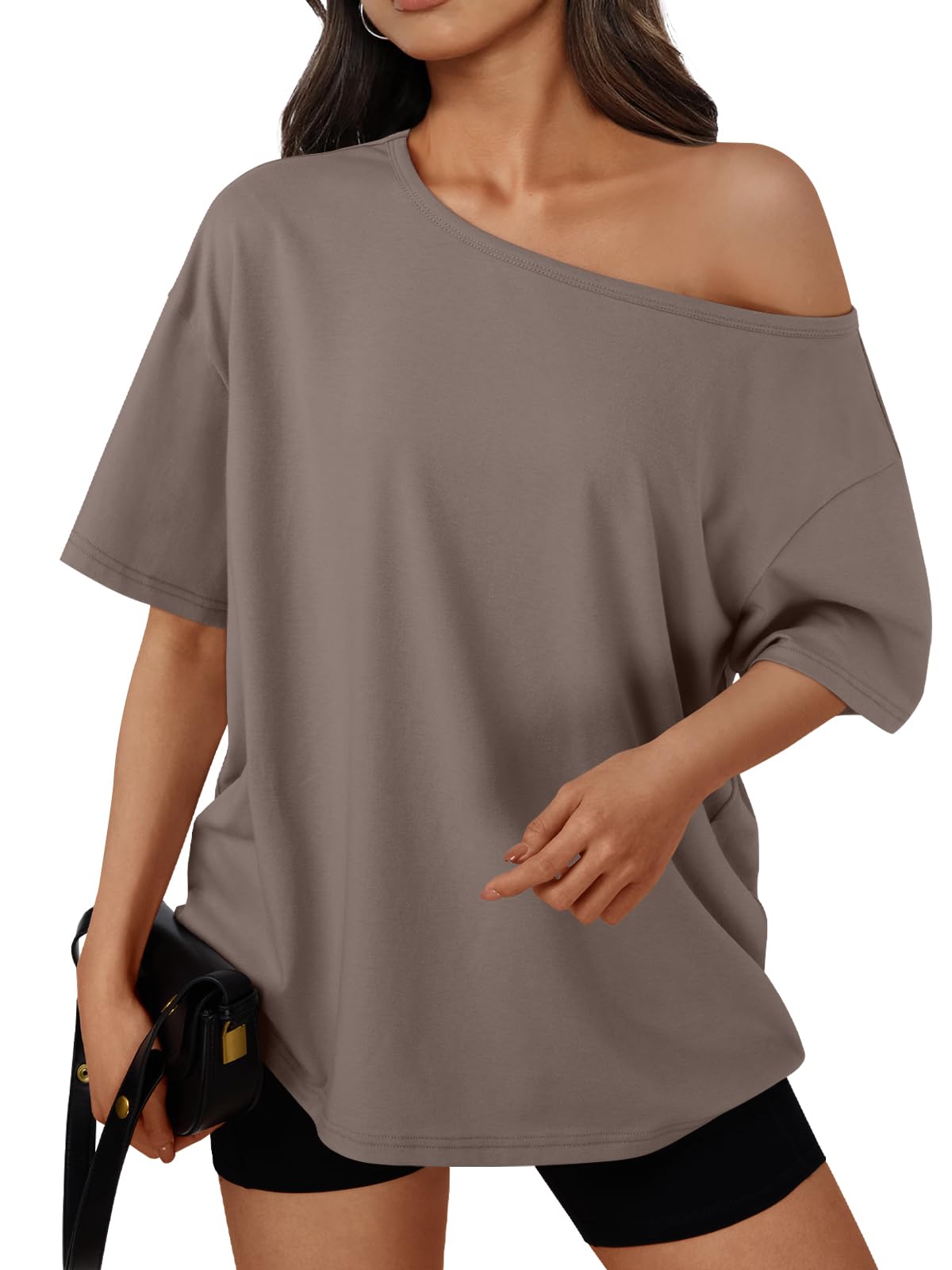 Trendy Queen Womens Off the Shoulder Tops Oversized Summer T-Shirts 2026 | Breathable comfort stretch fabric, short sleeve, basic oversized tees, casual workout gym, y2k going out clothes