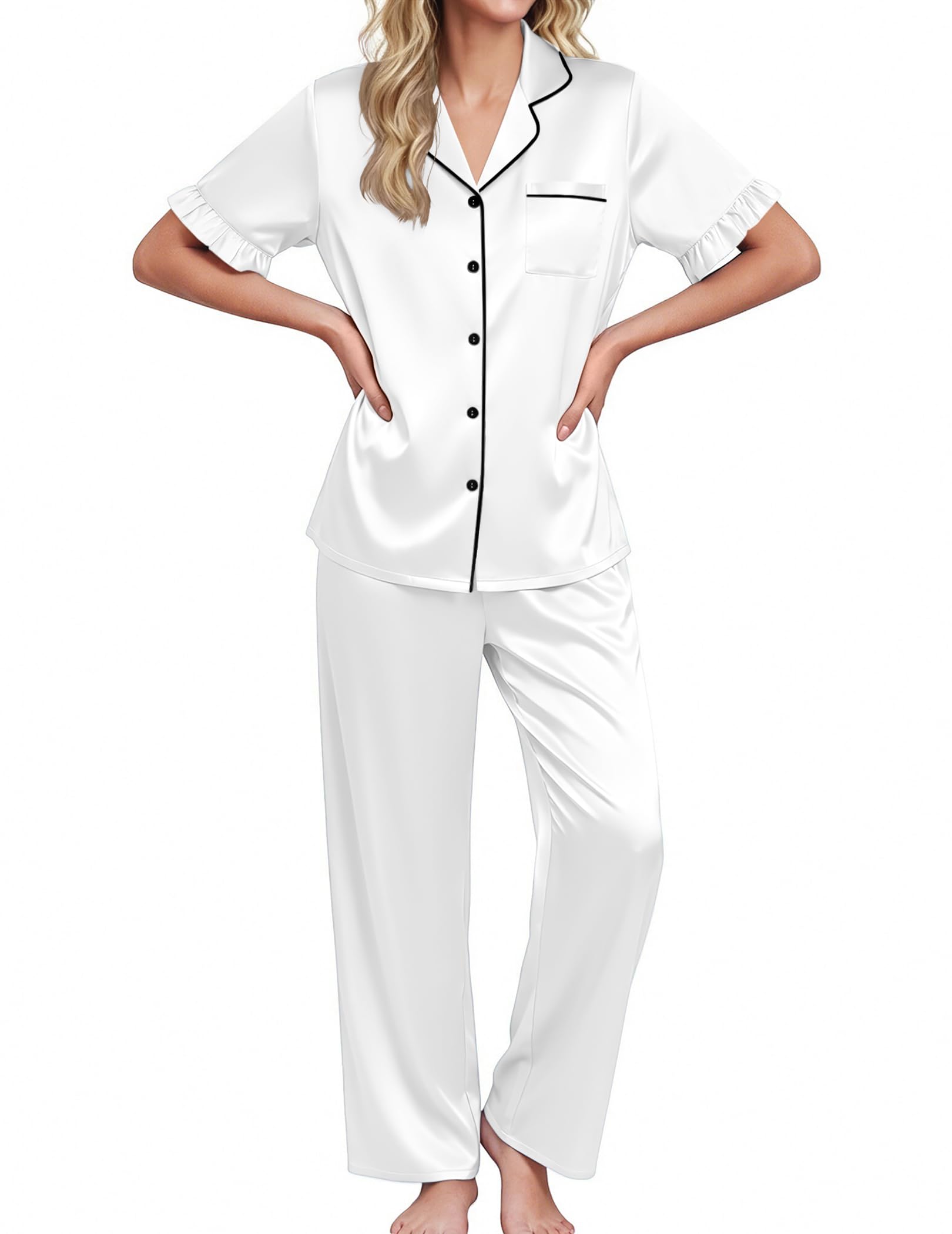 Ekouaer Silk Satin Pajamas for Women Set 2 Piece Short Sleeve Button Up Pjs