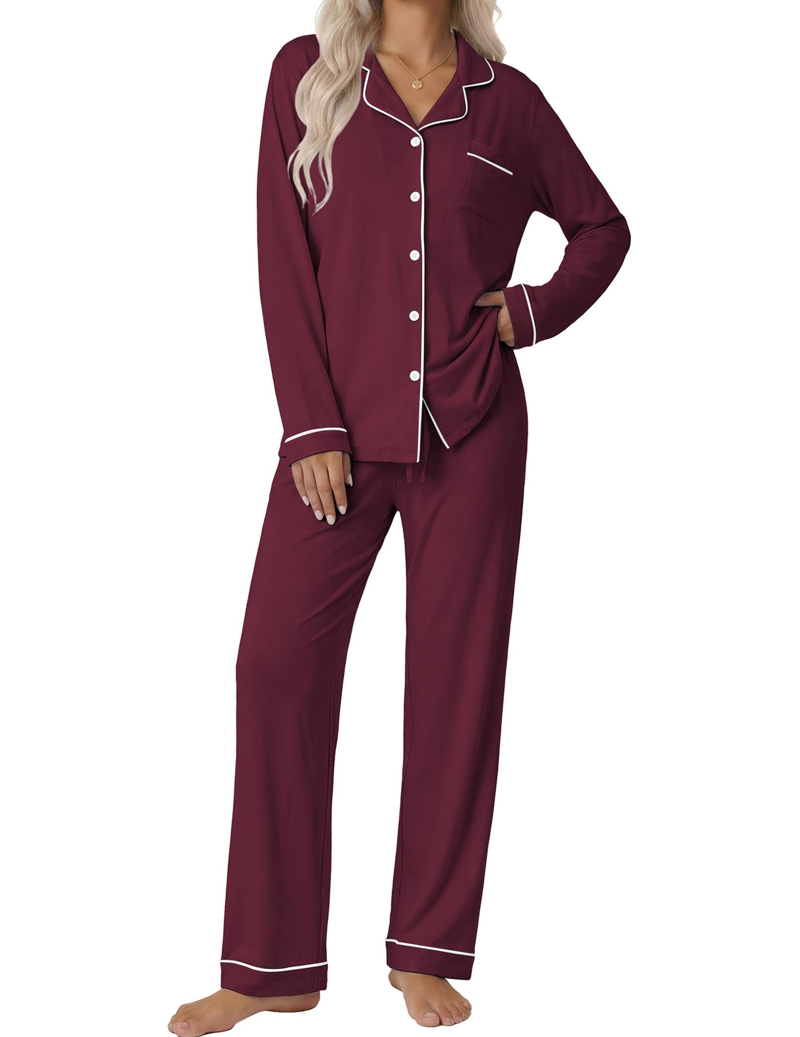 Ekouaer Women's Classic Long Sleeve Button Down Pajama Set