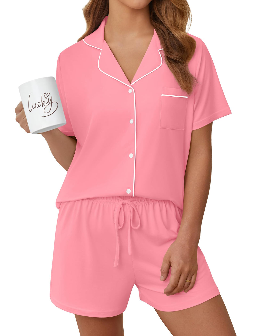 Womens Pajama Sets Summer Pjs Short Sleeve Button Down Top and Shorts Bride Sleepwear 2 Piece Comfy Lounge Set S-XXL