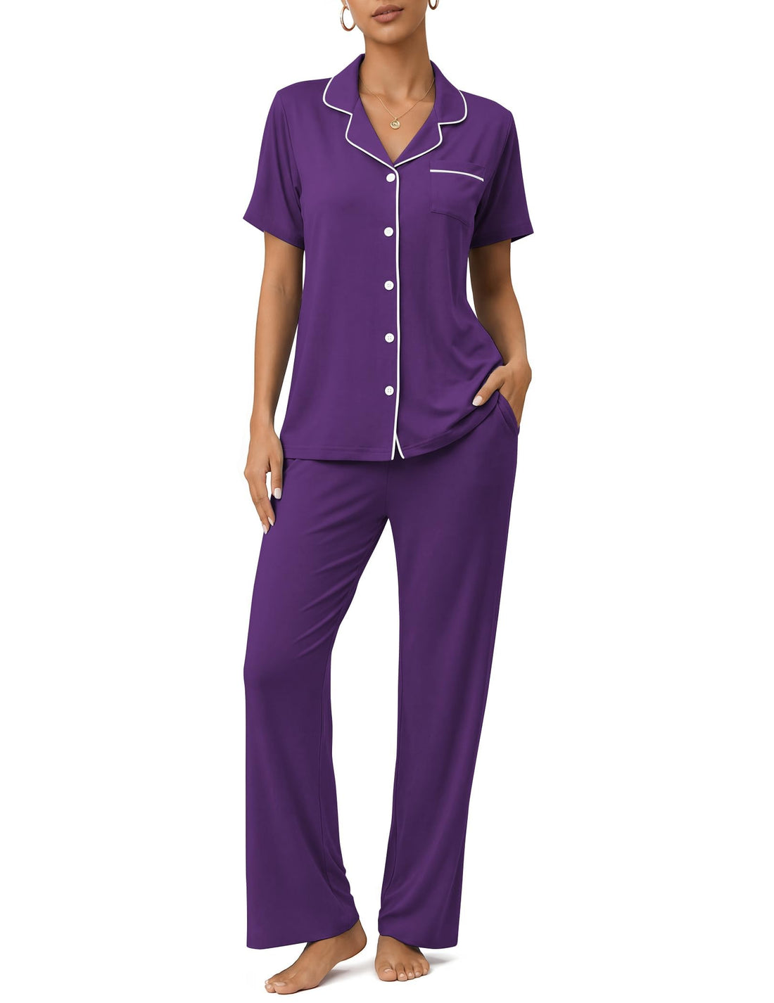 Womens Pajamas Sets 2 Piece Button Up Pj Sets Short Sleeve with Long Pant