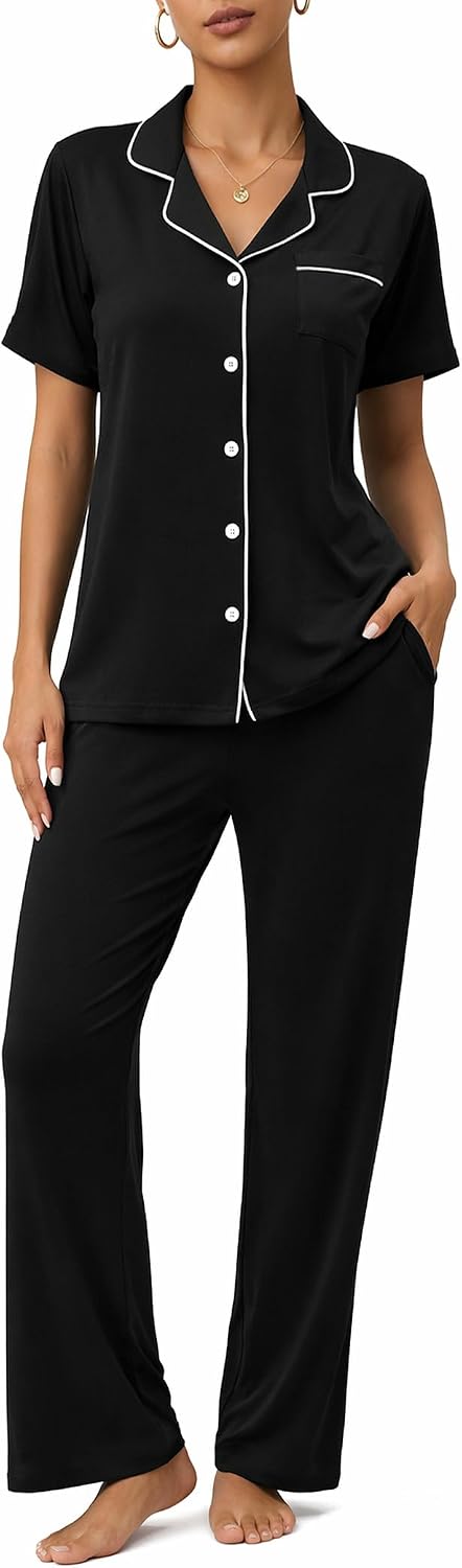 Womens Pajamas Sets 2 Piece Button Up Pj Sets Short Sleeve with Long Pant