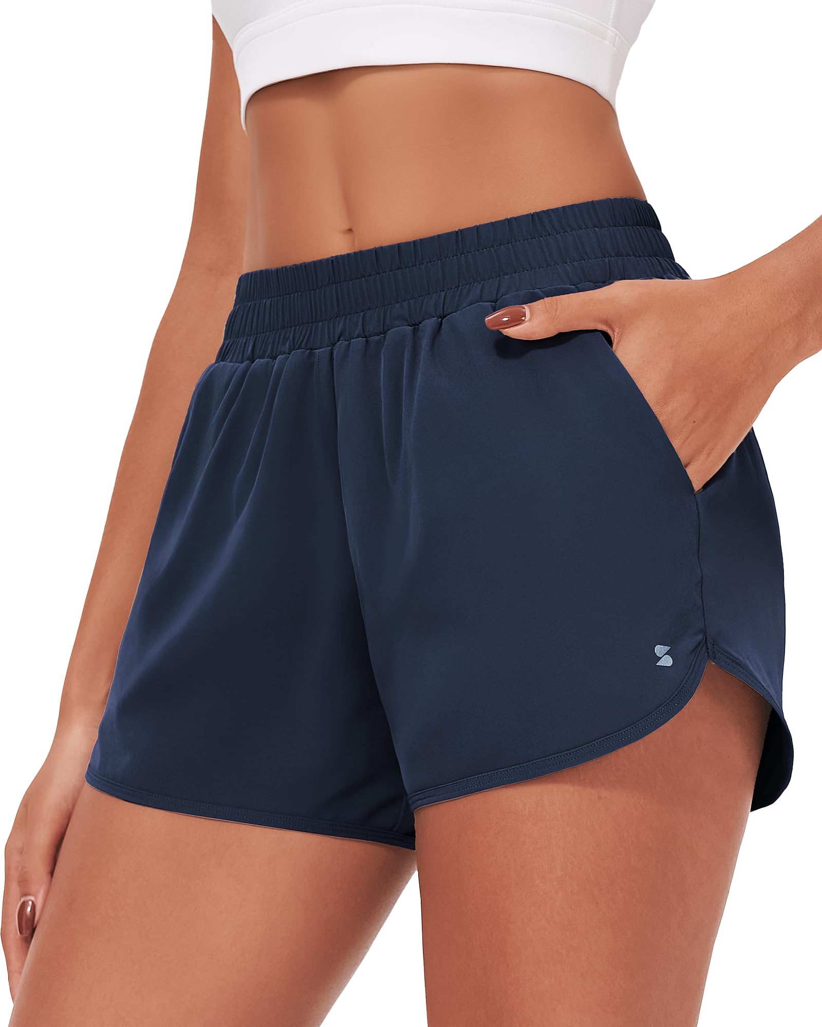 Stelle Womens 3" Running Shorts Mesh Liner High Waisted Workout Shorts Quick Dry Dolphin Athletic Shorts with Pockets