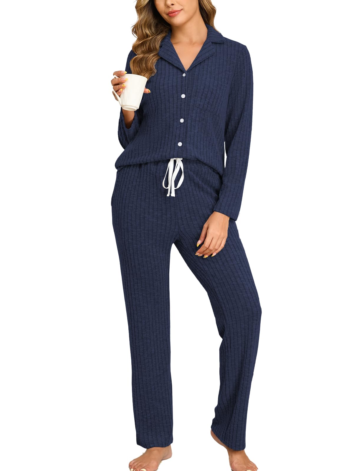 Veseacky Women's Ribbed Knit Pajamas Set 2 Piece Warm Soft Loungewear Sleepwear Pjs S-XXL