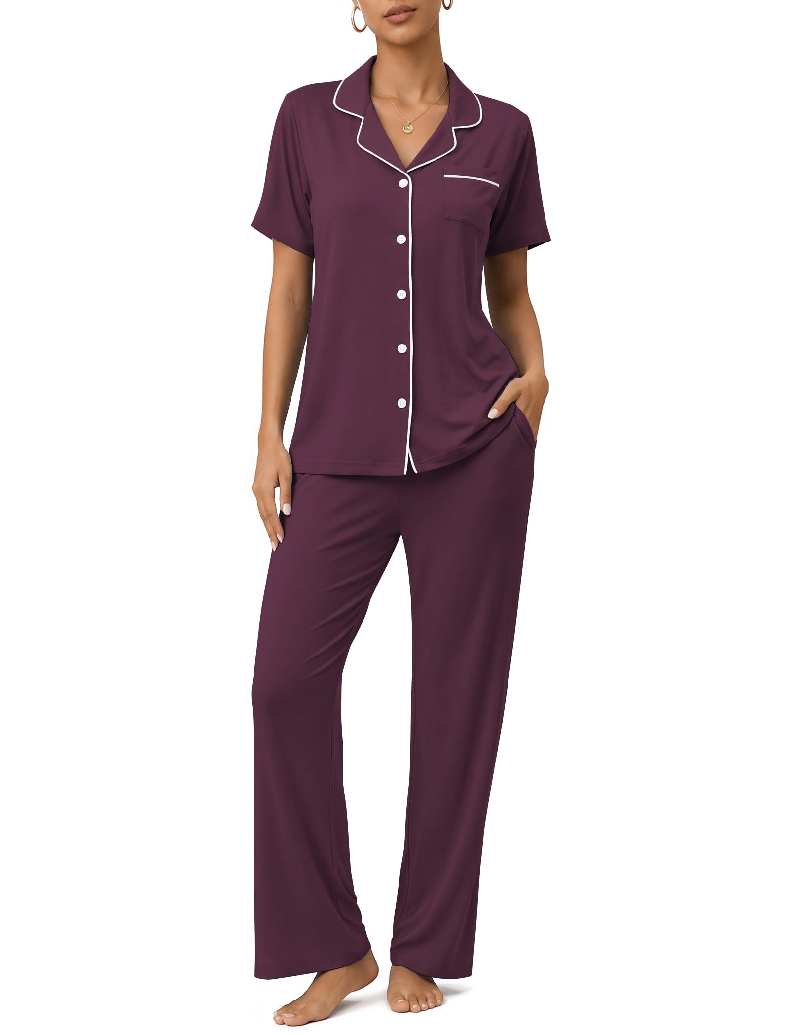 Womens Pajamas Sets 2 Piece Button Up Pj Sets Short Sleeve with Long Pant