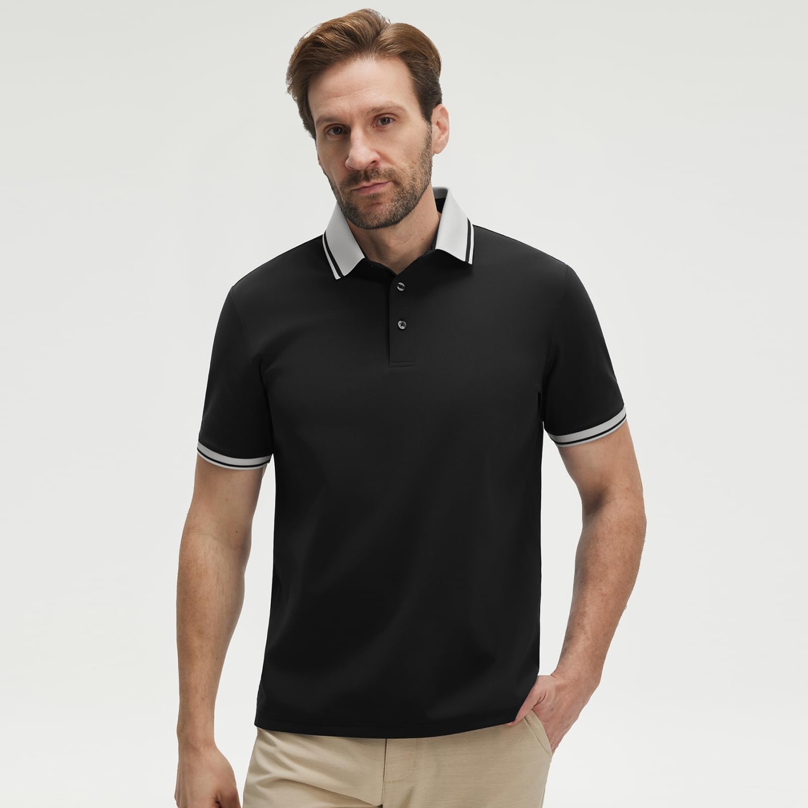 M MAELREG Golf Shirts for Men Short Sleeve with Contrast Collar & Cuffs Performance Dry Fit Stretch Solid Casual Polo Shirts