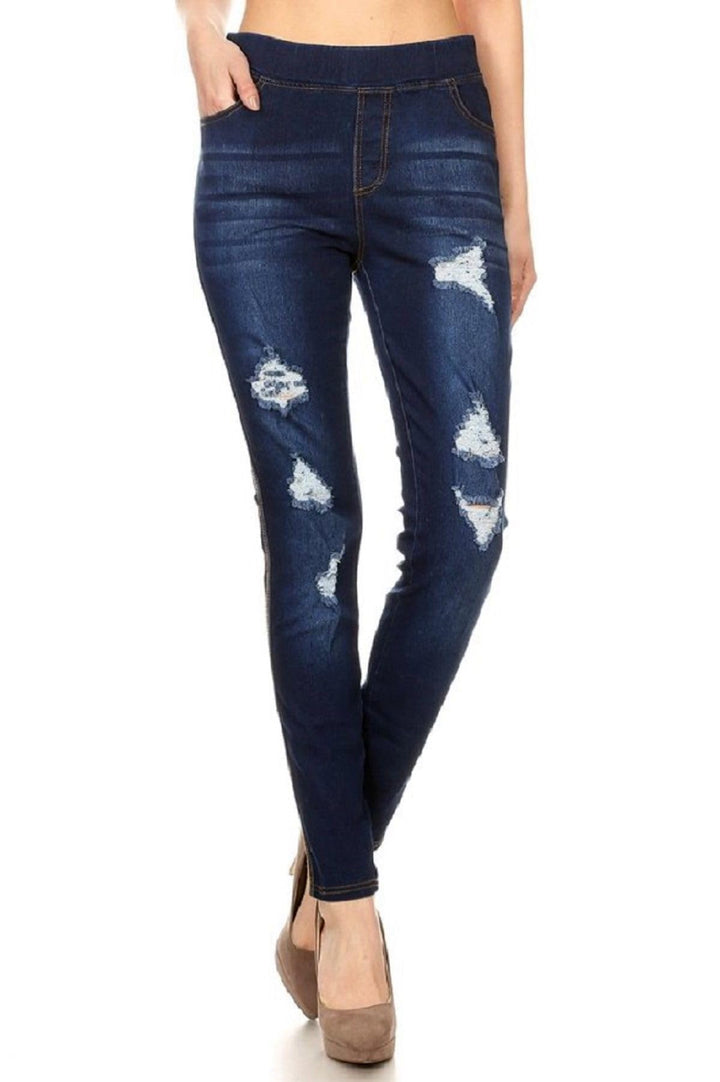 Jvini Women’s Stretch Denim Pull On Jeans with Pockets – Ripped Distressed Elastic Waist Jeggings Skinny Denim Pants