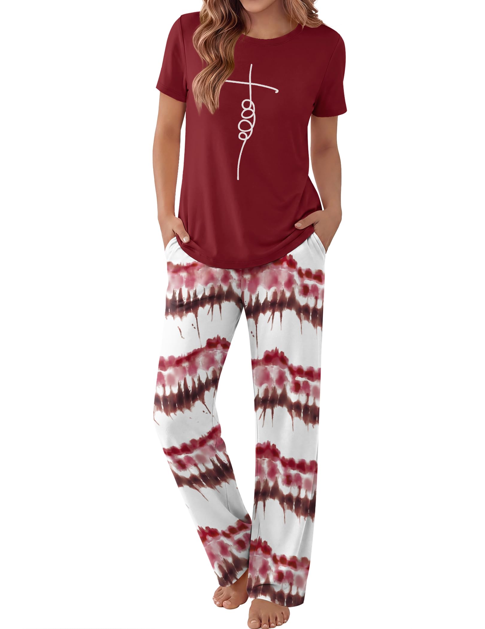 Ekouaer Pajama Set for Women 2 Piece Pjs Short Sleeve Top and Printed Pants