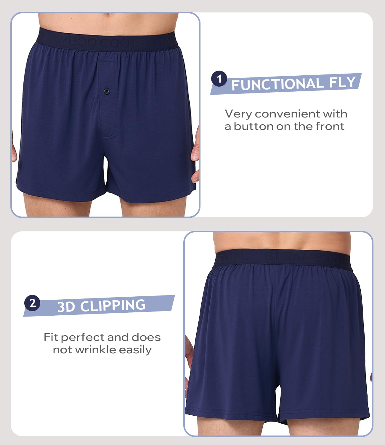 BAMBOO COOL Mens Underwear Boxers Moisture-wicking and Cool Men's Boxer Shorts Loose Fit Super Soft 4 Pack