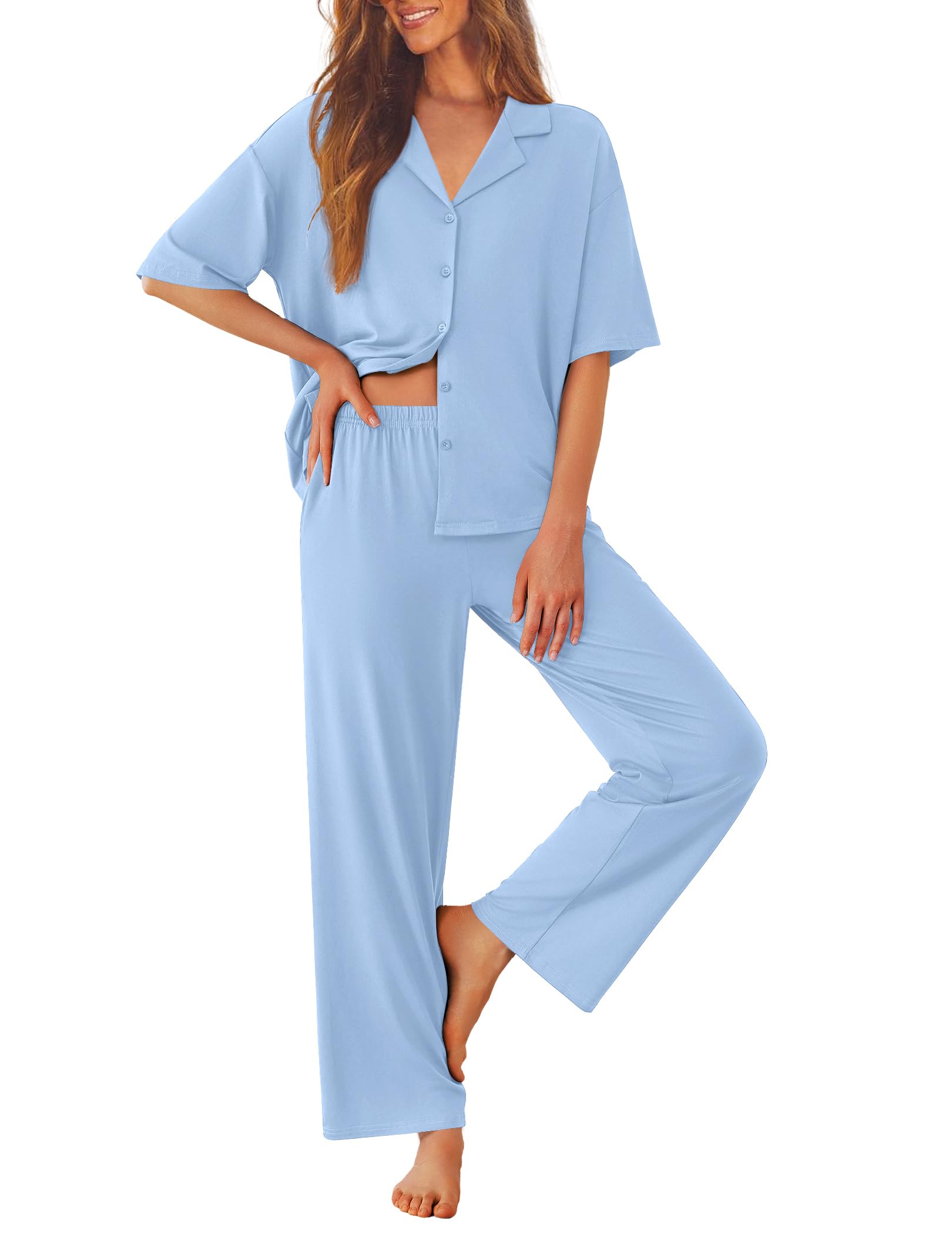 Ekouaer Women Pajamas Set Button Down Sleepwear Short Sleeve Pjs Long Pants