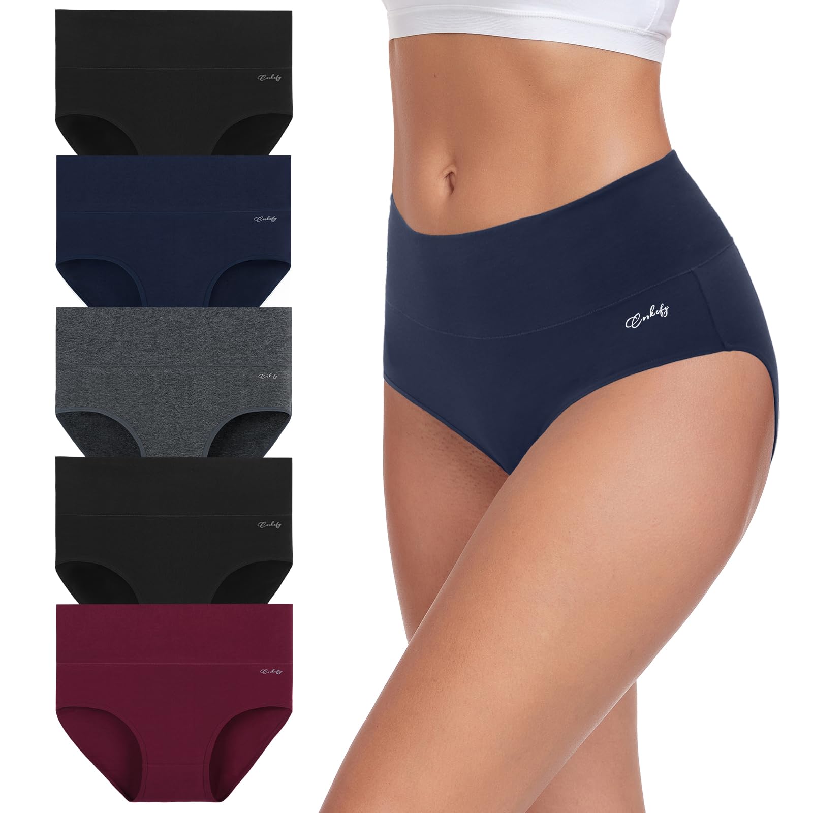 coskefy Women's High Waisted Cotton Underwear Soft Breathable Panties Stretch Briefs Ladies Panties 5 Pack