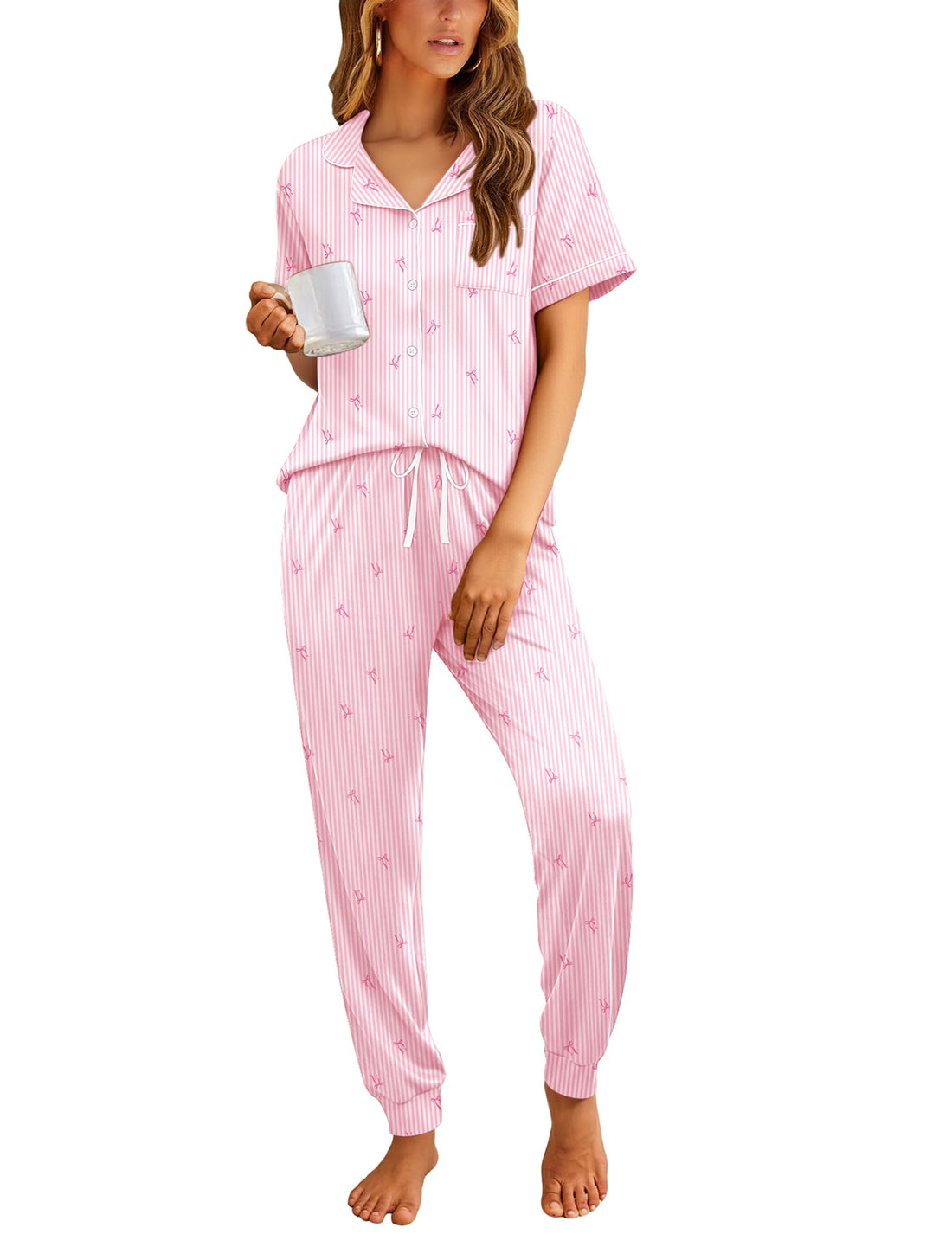 Ekouaer Women Pajama Set Short Sleeve Button Down Pjs with Jogger Pants