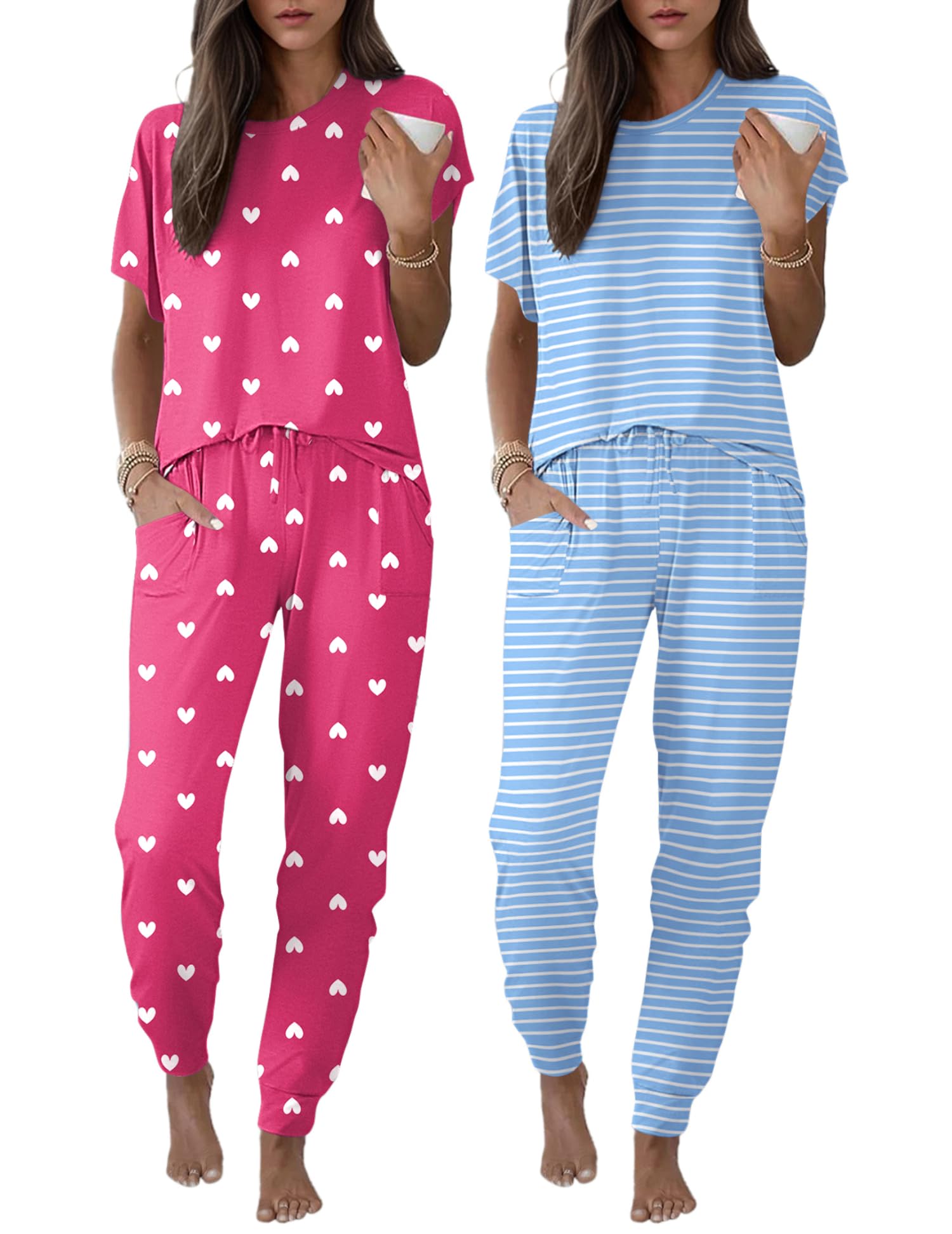 Ekouaer 2 Pack Womens Pajama Short Sleeve Jogger Pants Pjs Lounge Set