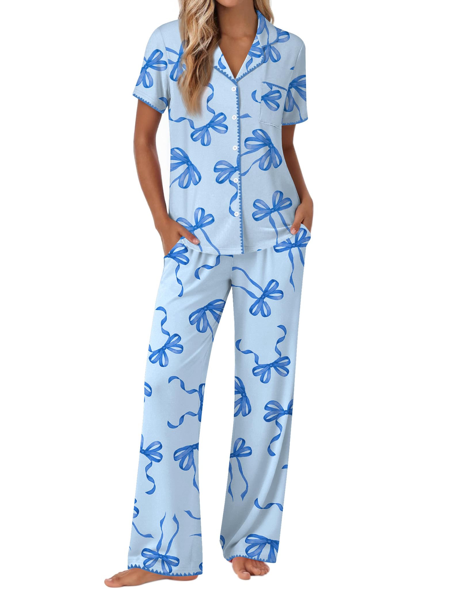Ekouaer Pajamas for Women Set Button Up Soft Pjs Short Sleeve Lounge Sets
