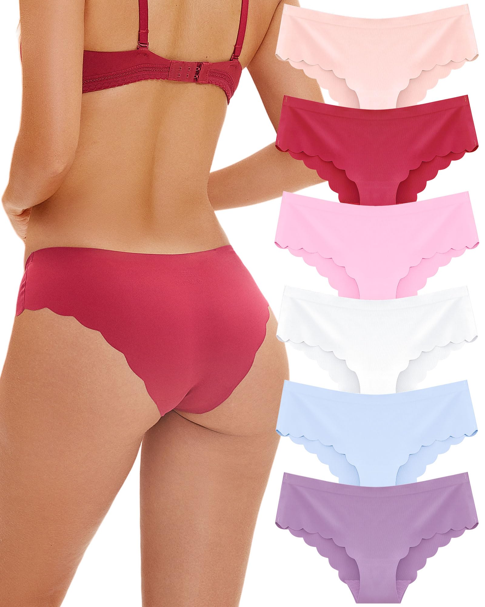 FINETOO 6 pack Seamless Underwear for Women Sexy Low Rise Hipster Wave Edge No Show Bikini Panties Womens Cheeky S-XL