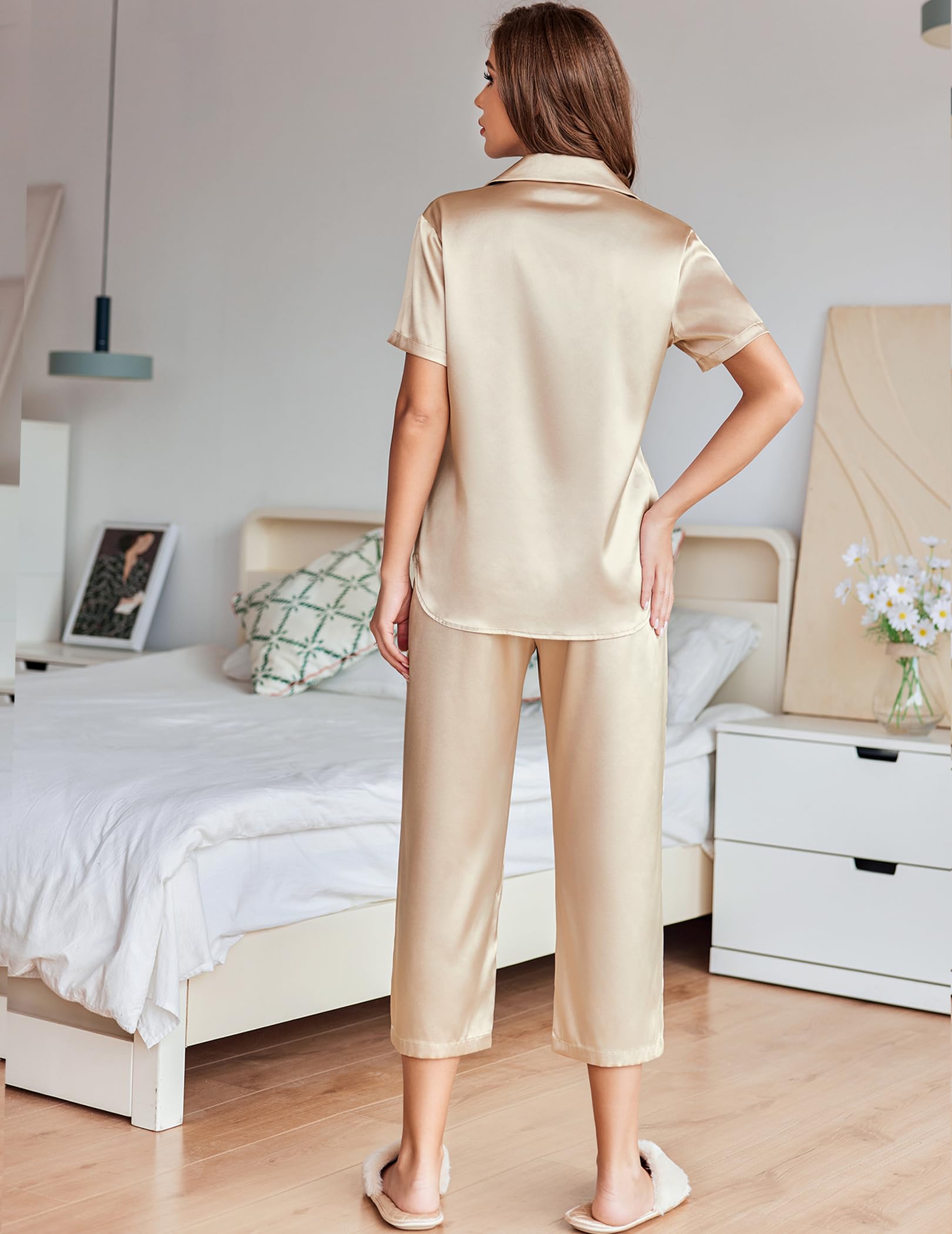 Ekouaer Womens Satin Silky Capri Pajamas Short Sleeve Button Down Sleepwear