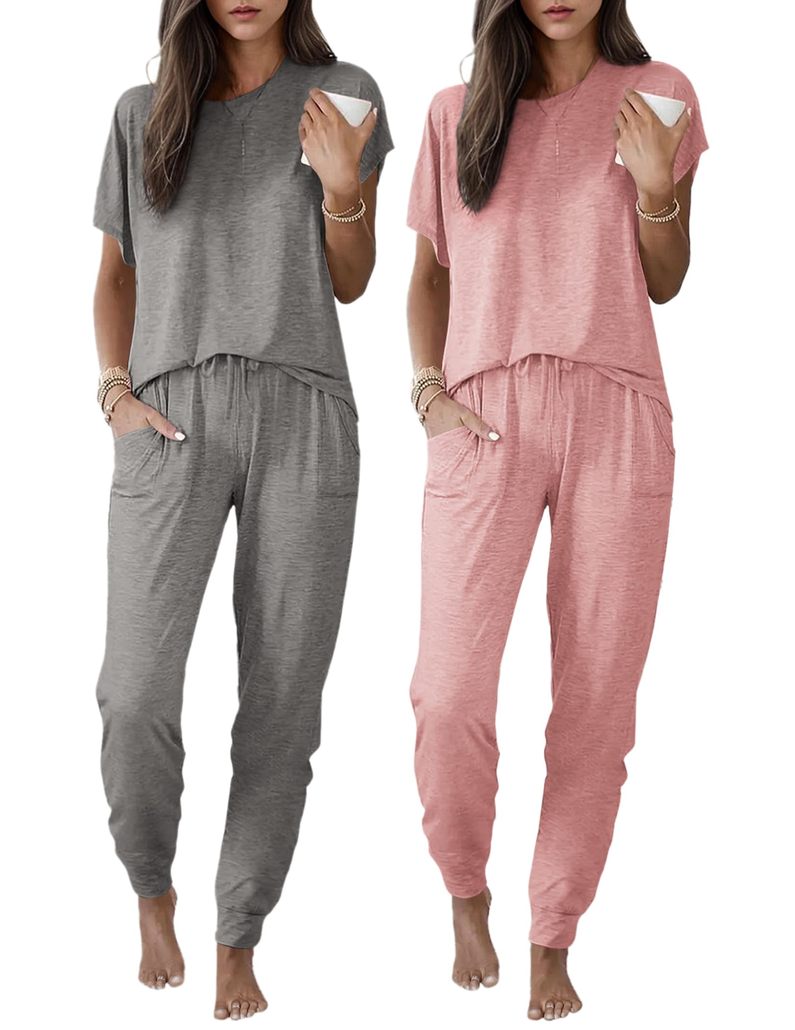 Ekouaer 2 Pack Womens Pajama Short Sleeve Jogger Pants Pjs Lounge Set