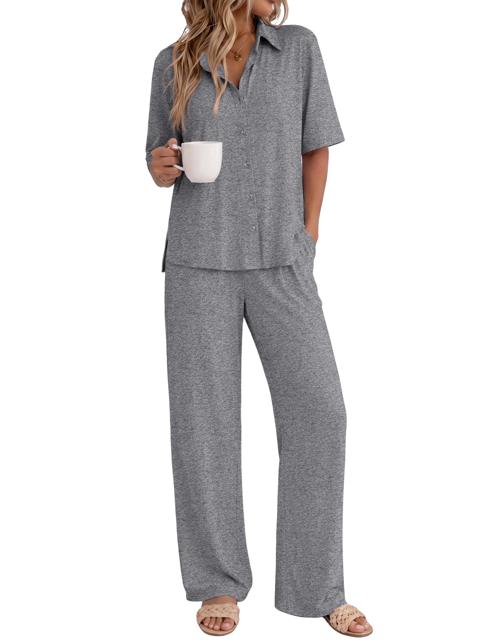 Ekouaer Pajamas for Women Set Button Up Short Sleeve Pjs with Long Pants