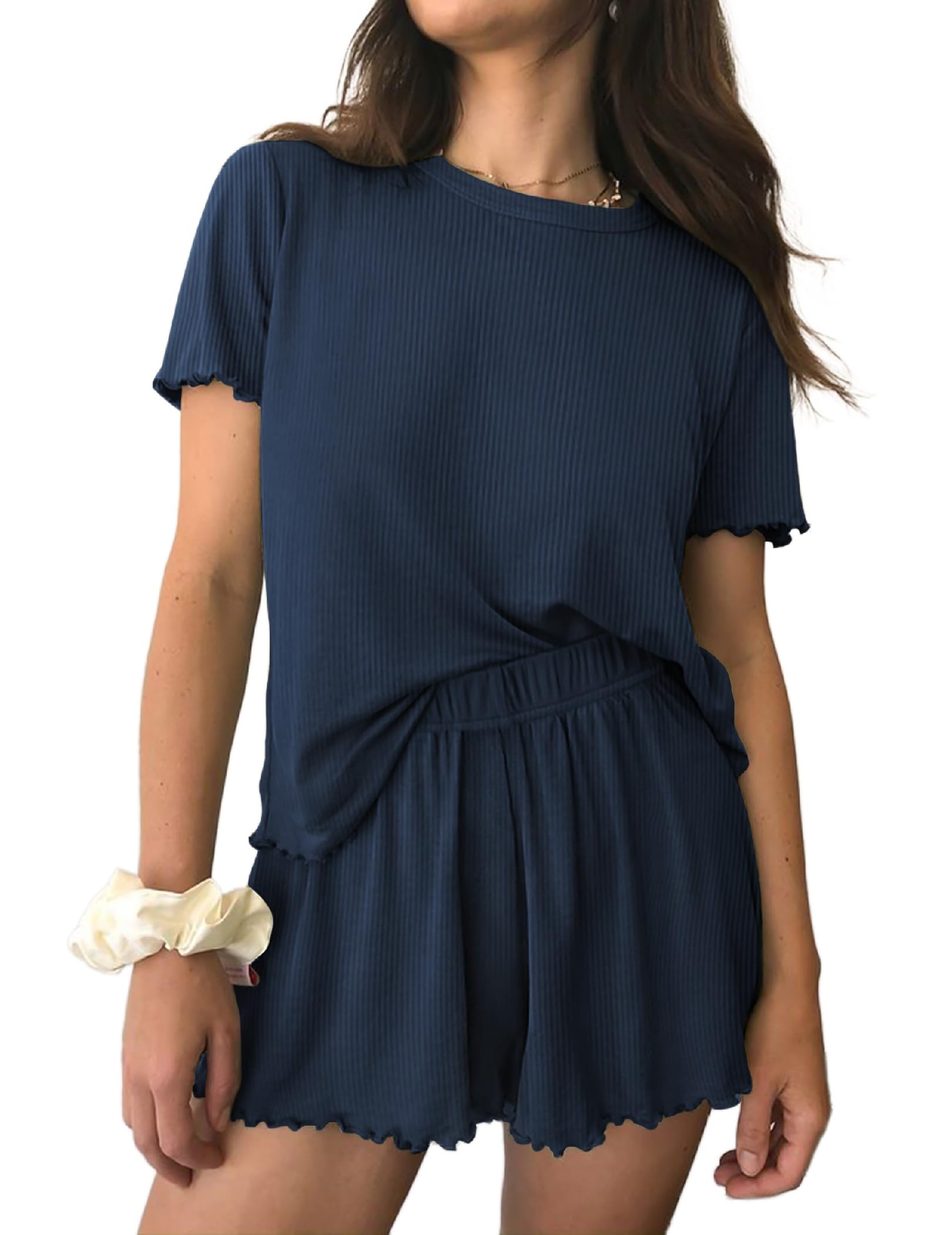 Ekouaer Womens Pajamas 2 Piece Ribbed Knit Pjs Short Sleeve Lounge Sets