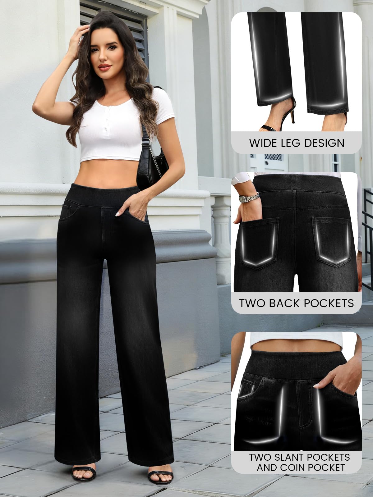 COPYLEAF Wide Leg Jeans Woman High Waisted Stretchy Baggy Sweatpant Jeans Pull On Straight Leg Loose Trendy Denim Pants