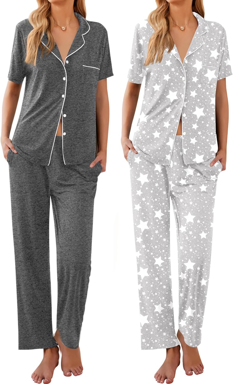 Ekouaer 2 Pack Womens Pajamas Sets Short Sleeve Pjs Button Up Sleepwear Set