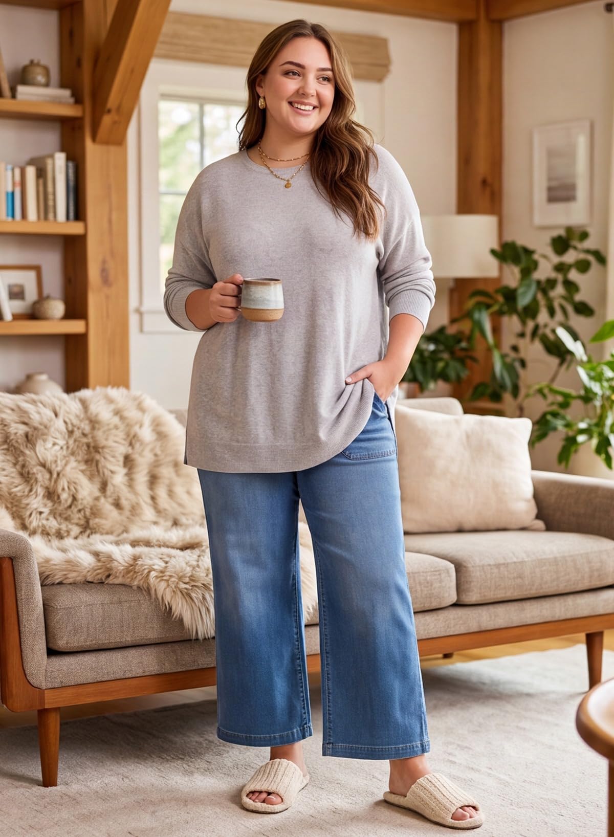 Eytino Plus Size Wide Leg Jeans for Women Elastic High Waisted Stretchy Relaxed Fit Denim Pants with Pockets(1X-5X)