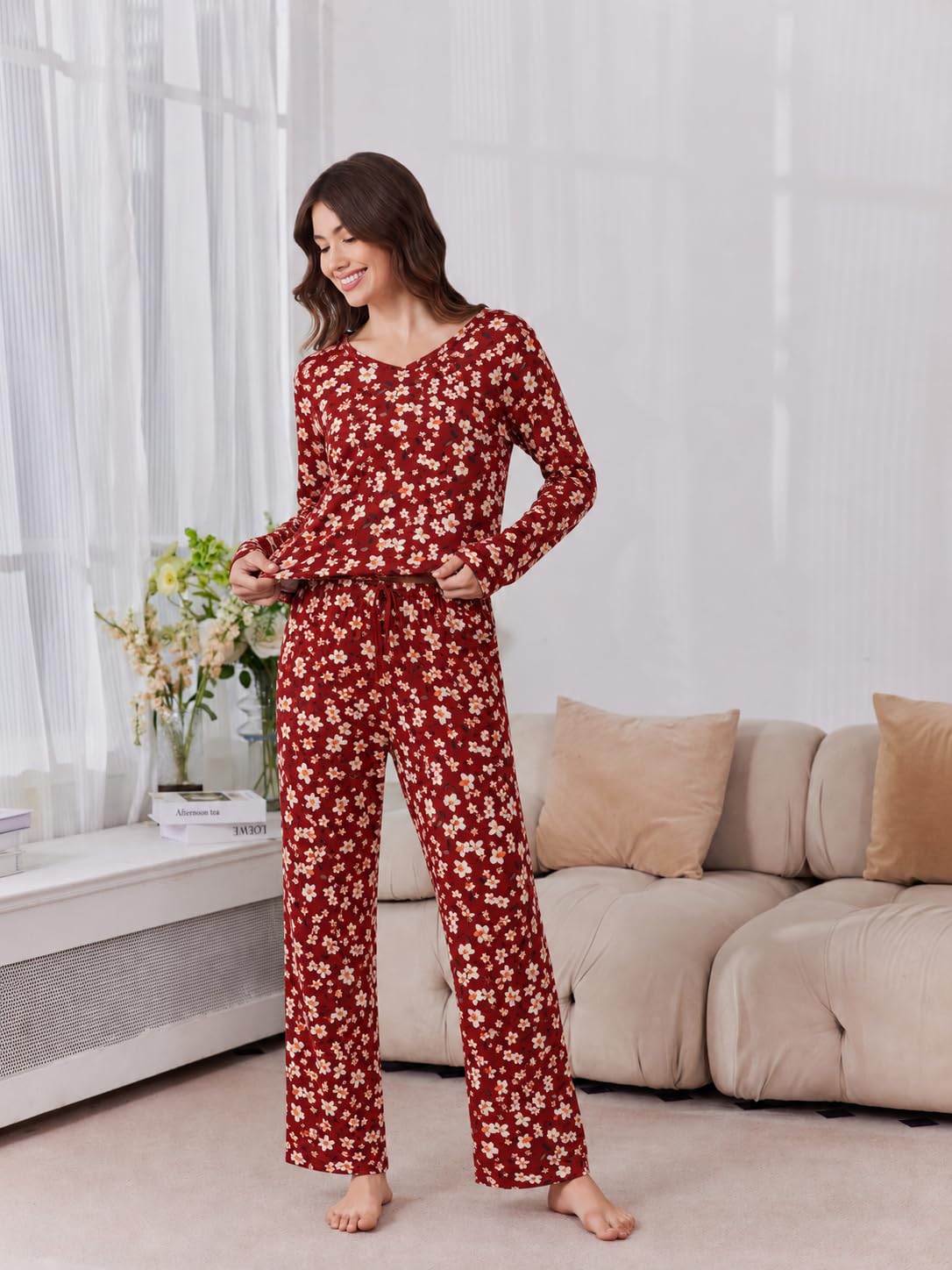 2 Pack: Women's Long Sleeve Pajama Sets - V Neck Top and Pants Lounge sets