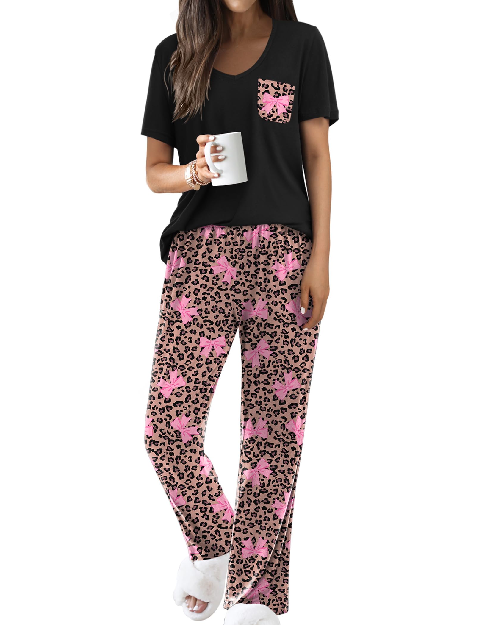 Ekouaer Pajama Sets for Women 2 Piece Short Sleeve Pj V Neck Chest Pocket