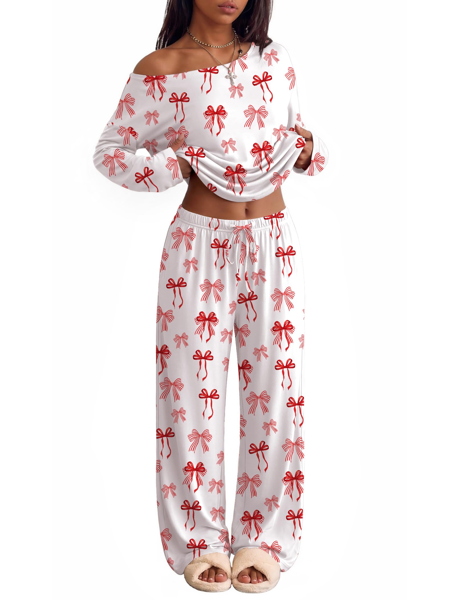 Ekouaer Womens Pajama Sets Off Shoulder Lounge Set 2 Piece Long Sleeve PJs