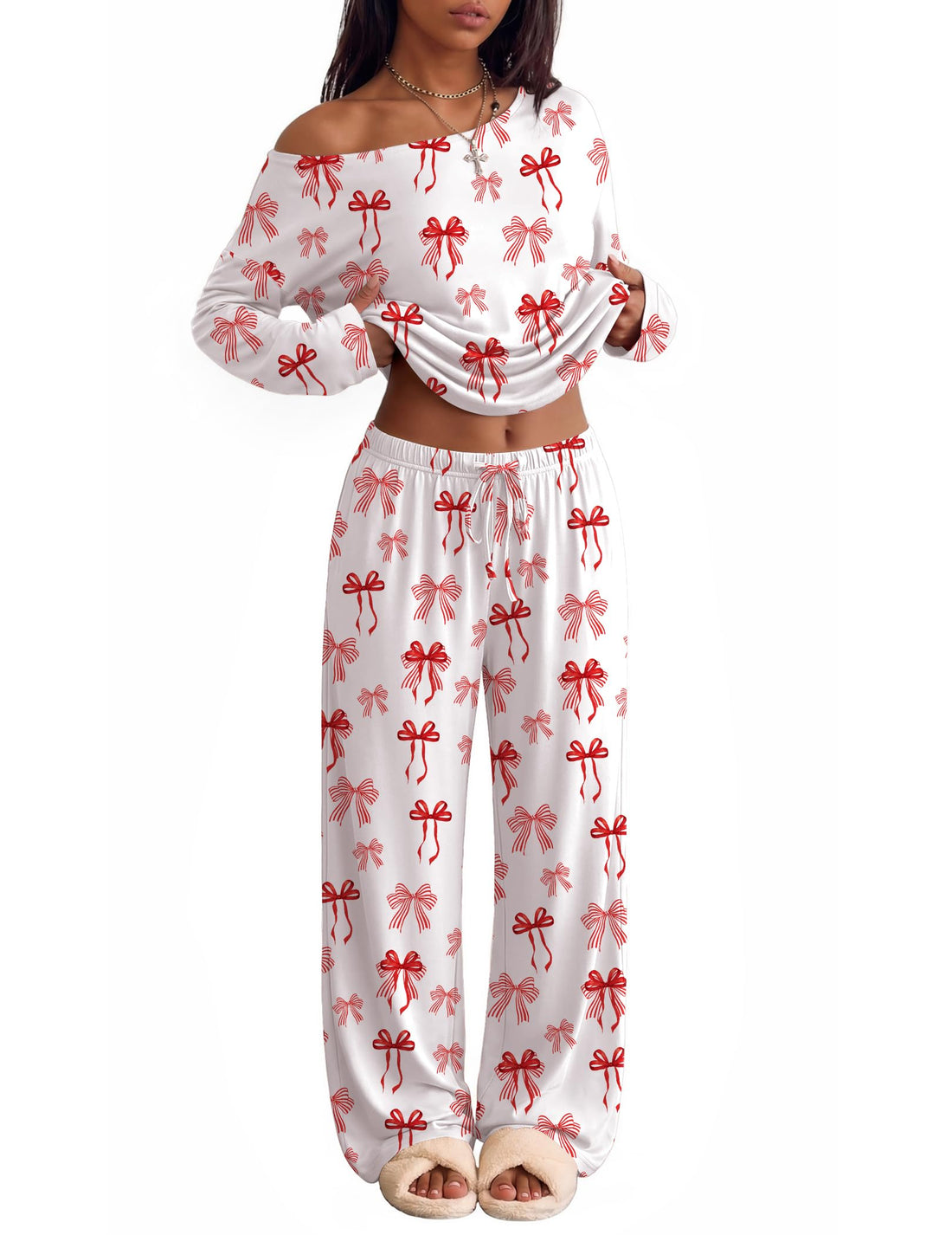Ekouaer Womens Pajama Sets Off Shoulder Lounge Set 2 Piece Long Sleeve PJs