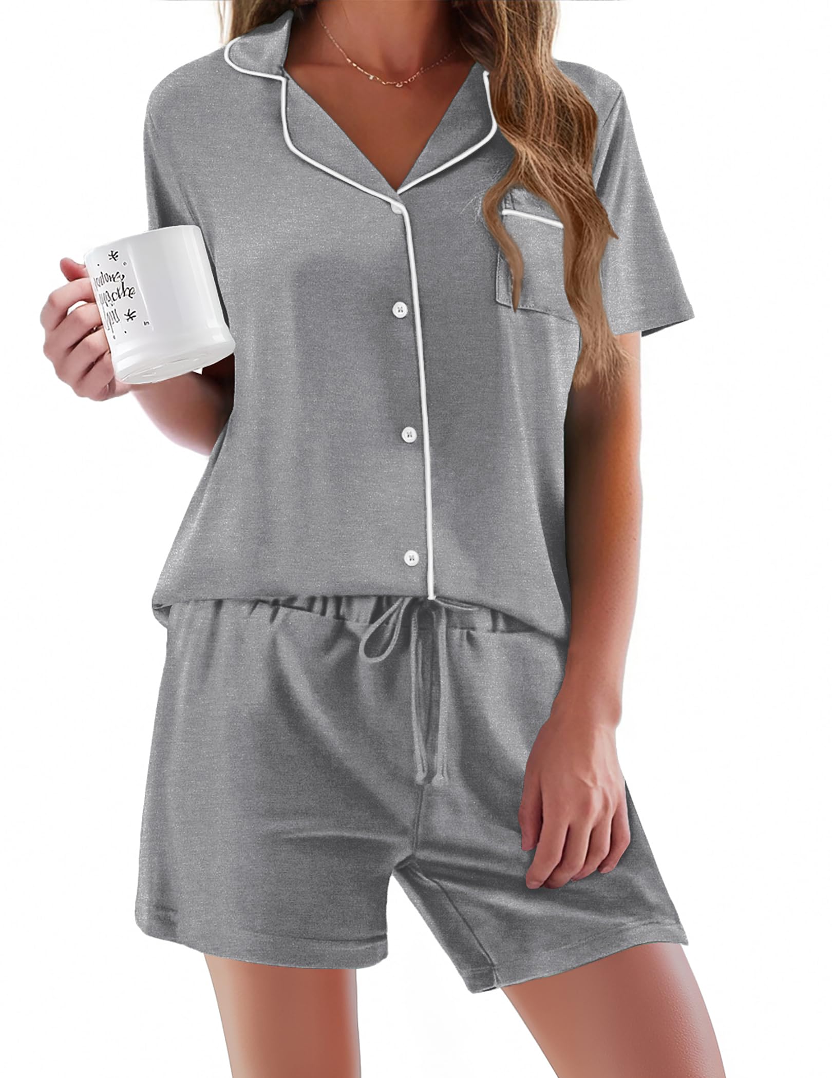 Ekouaer Pajamas Set for Women Short Sleeve Sleepwear Button Down Pj XS-XXXL