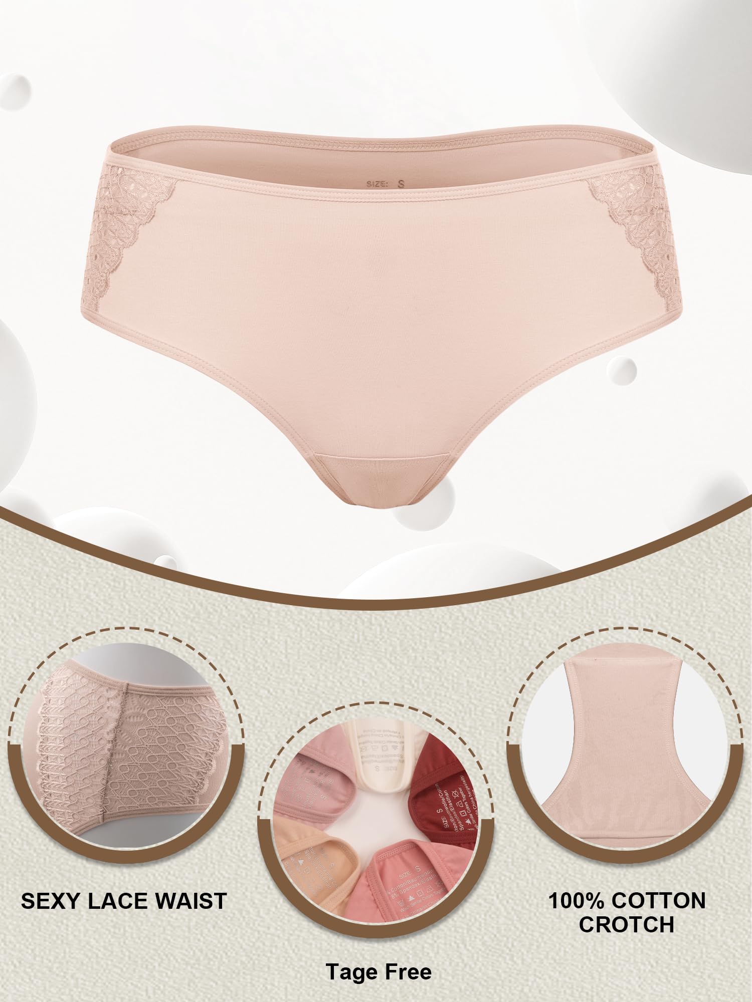 COLORFULLEAF Women's Cotton Hipster Panties Sexy Lace Underwear Pack Soft Moisture Wicking Bikini Briefs