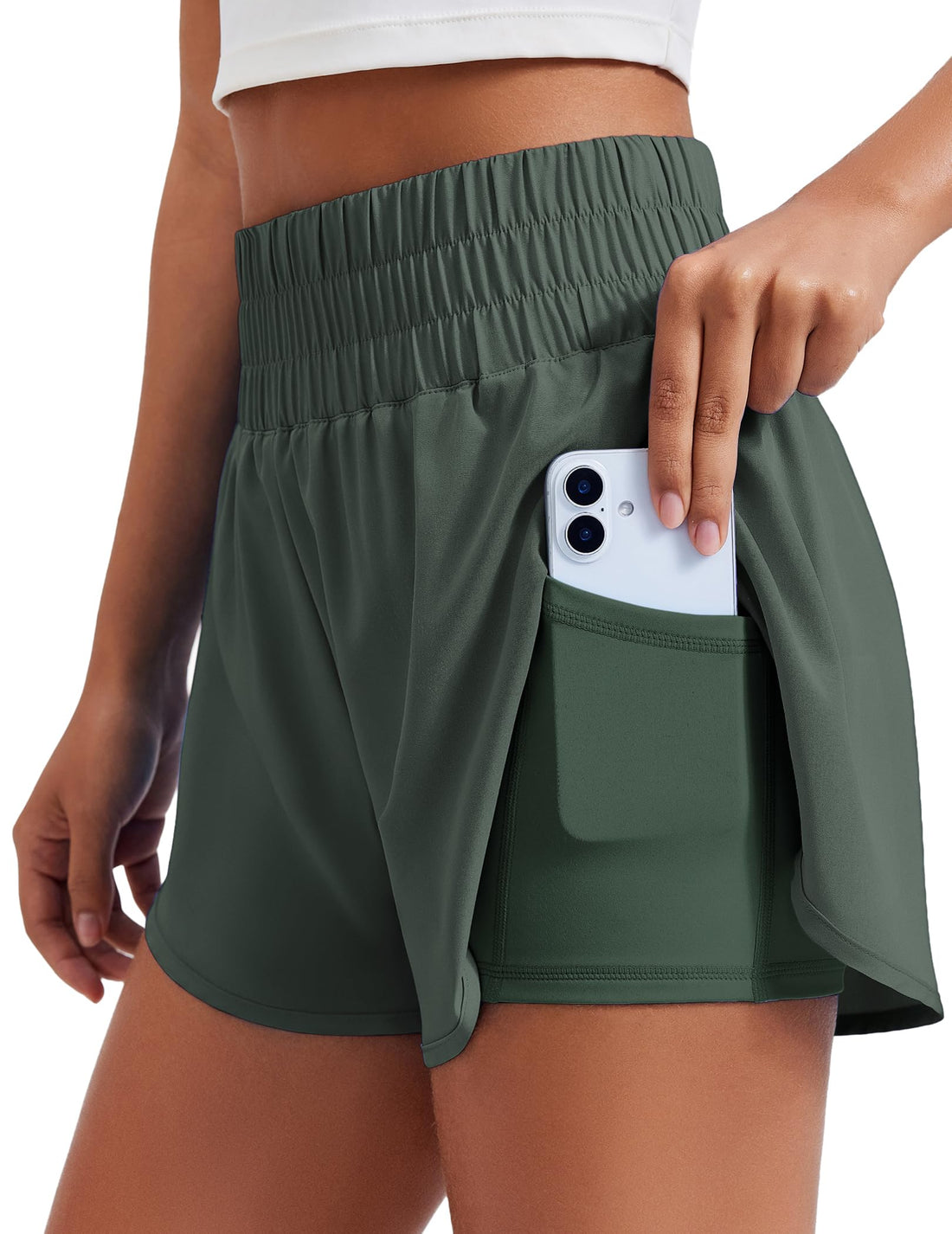 PINSPARK Women's 2 in 1 Running Shorts High-Split Athletic Short High Waisted 3" Liner Workout Gym Short with Pockets