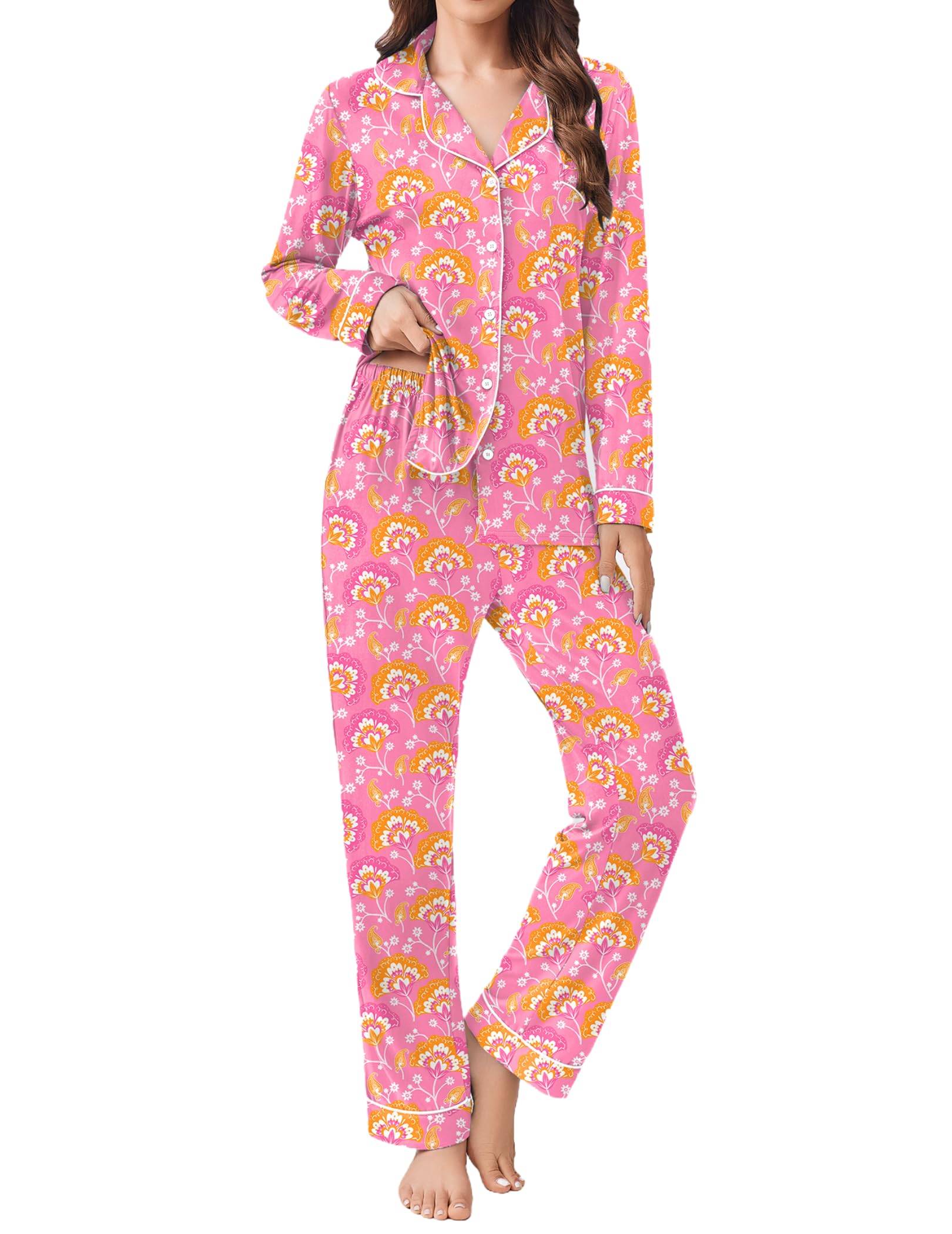 Ekouaer Womens Pajamas Set Button Down Long Sleeve Top & Pants Lounge Sets