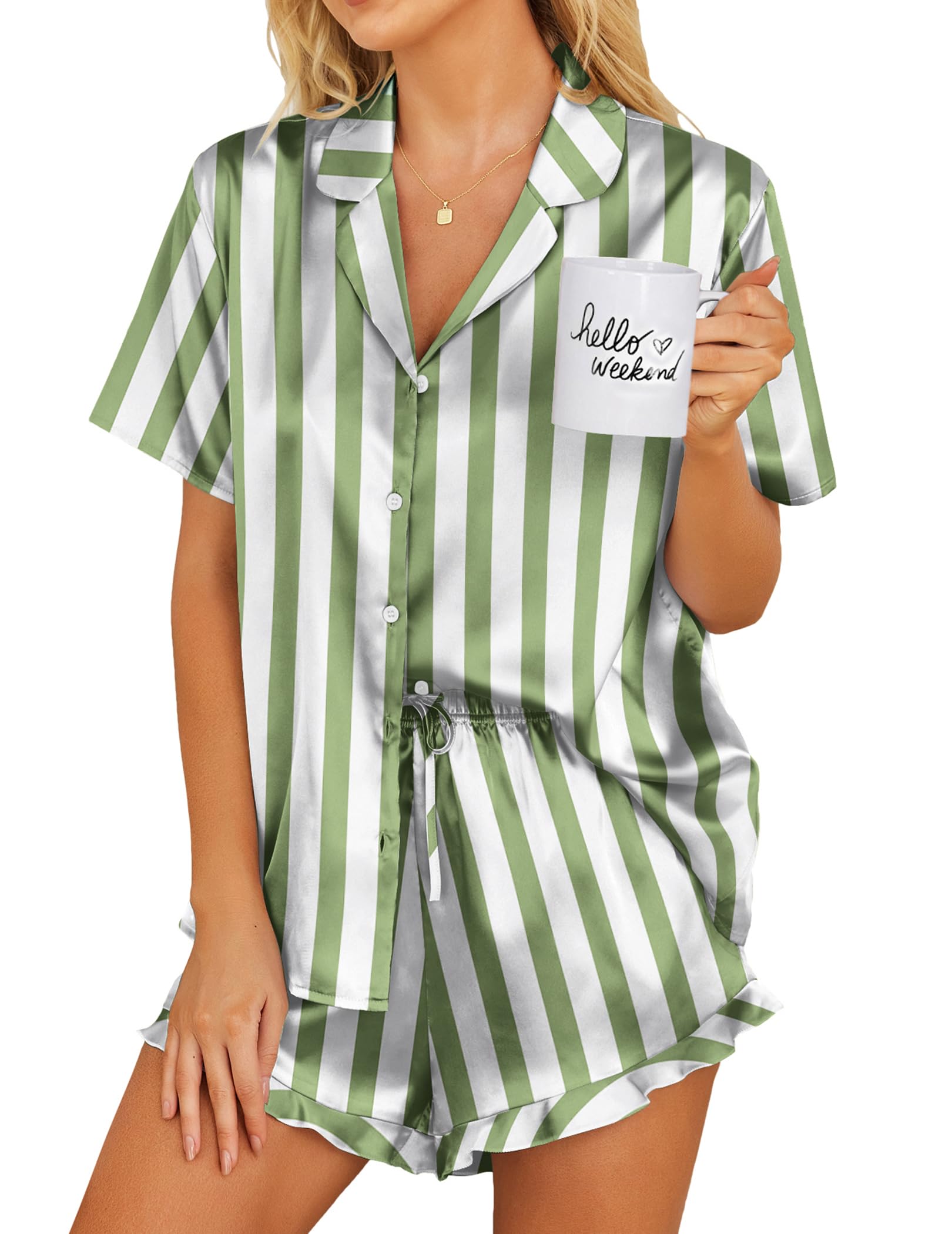 Ekouaer Womens Satin Pajamas Set Button Down 2 Piece Silk Pjs Shorts Set Ruffle Lingerie Notch Collar Sleepwear