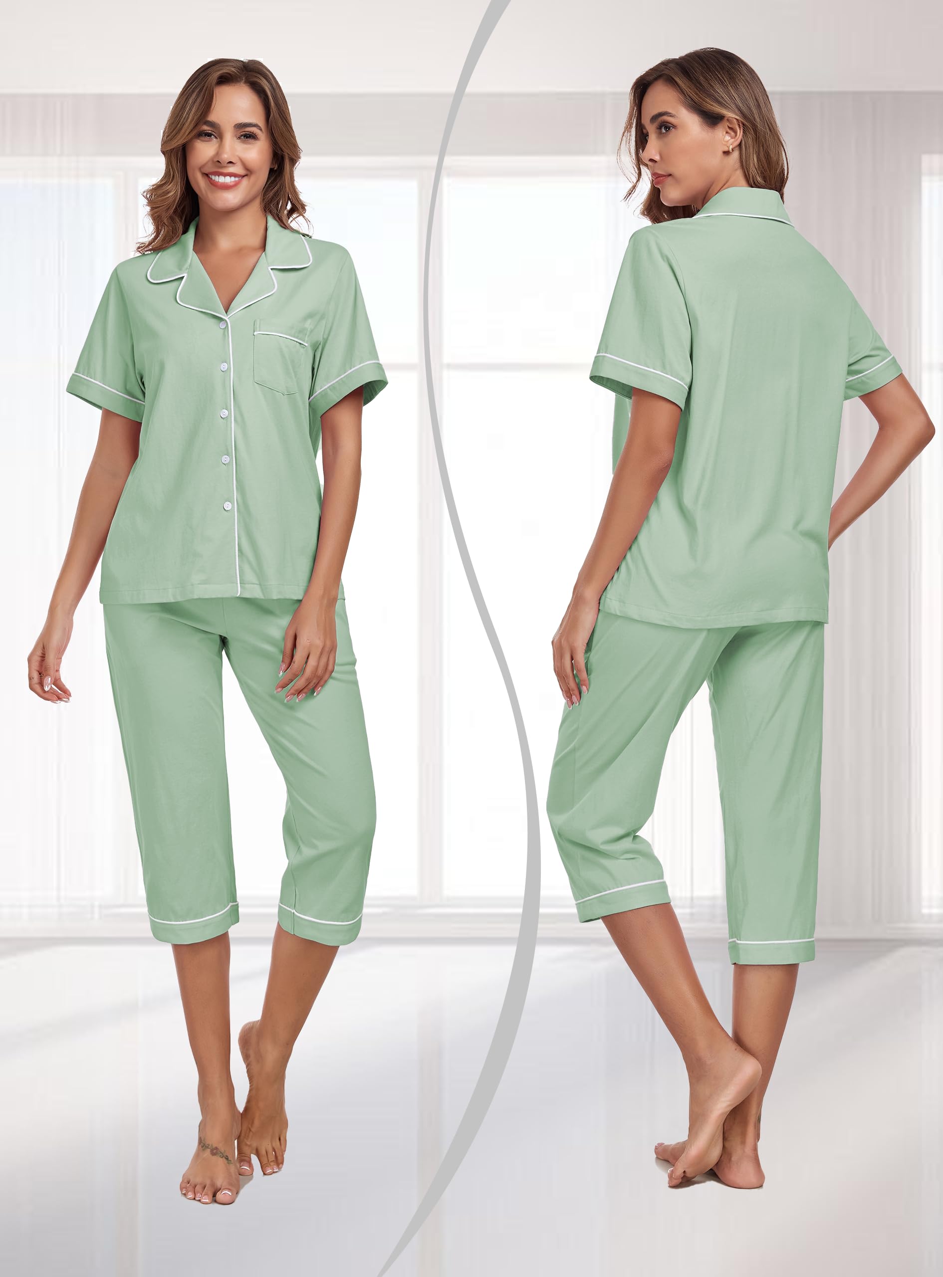 COLORFULLEAF 100% Cotton Women's Pajama Sets Short Sleeve Capri Pajamas for Women Set Button Down Pjs Soft Sleepwear Summer