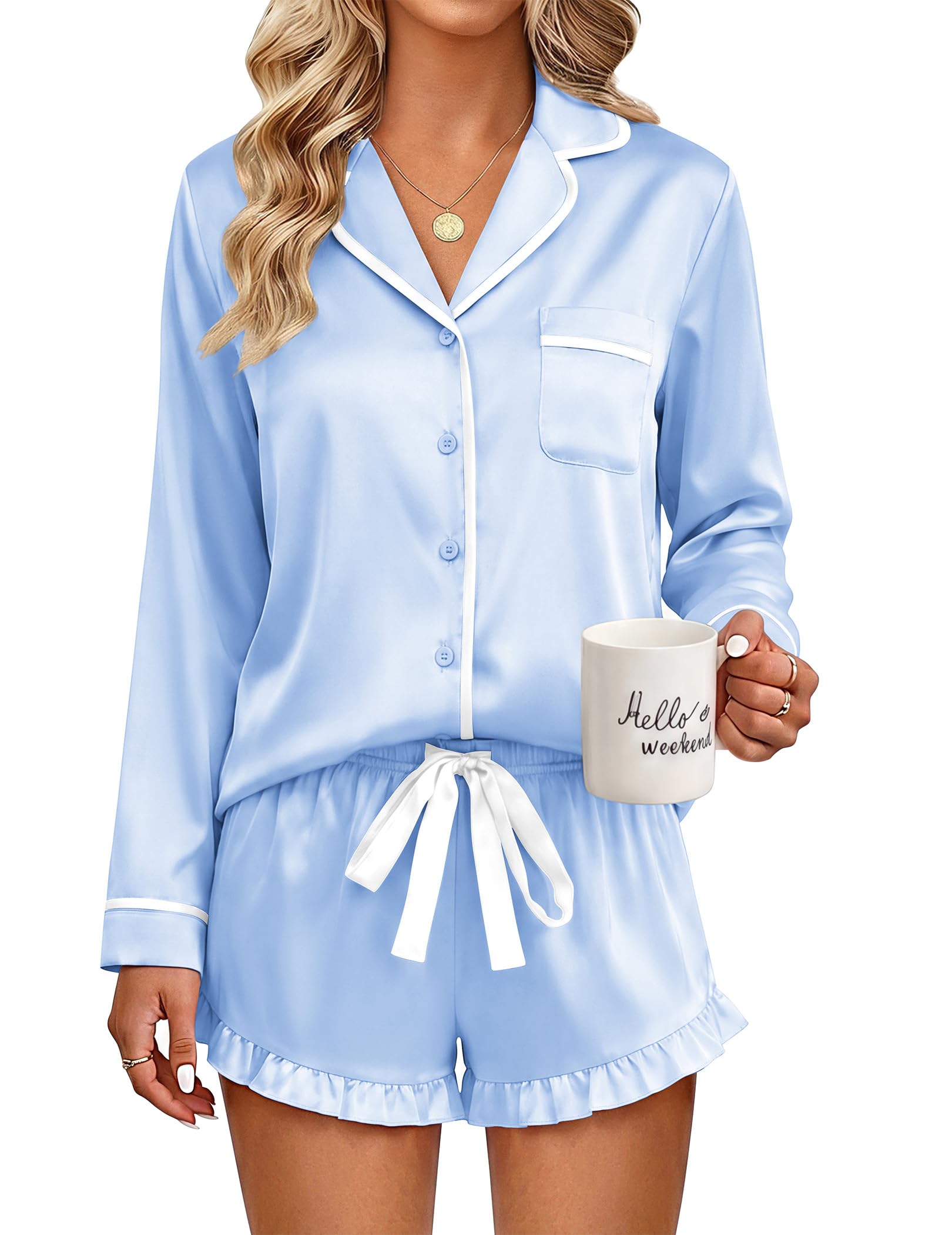 Ekouaer Womens Satin Pajamas Set 2 Piece Long Sleeve and Ruffle Shorts