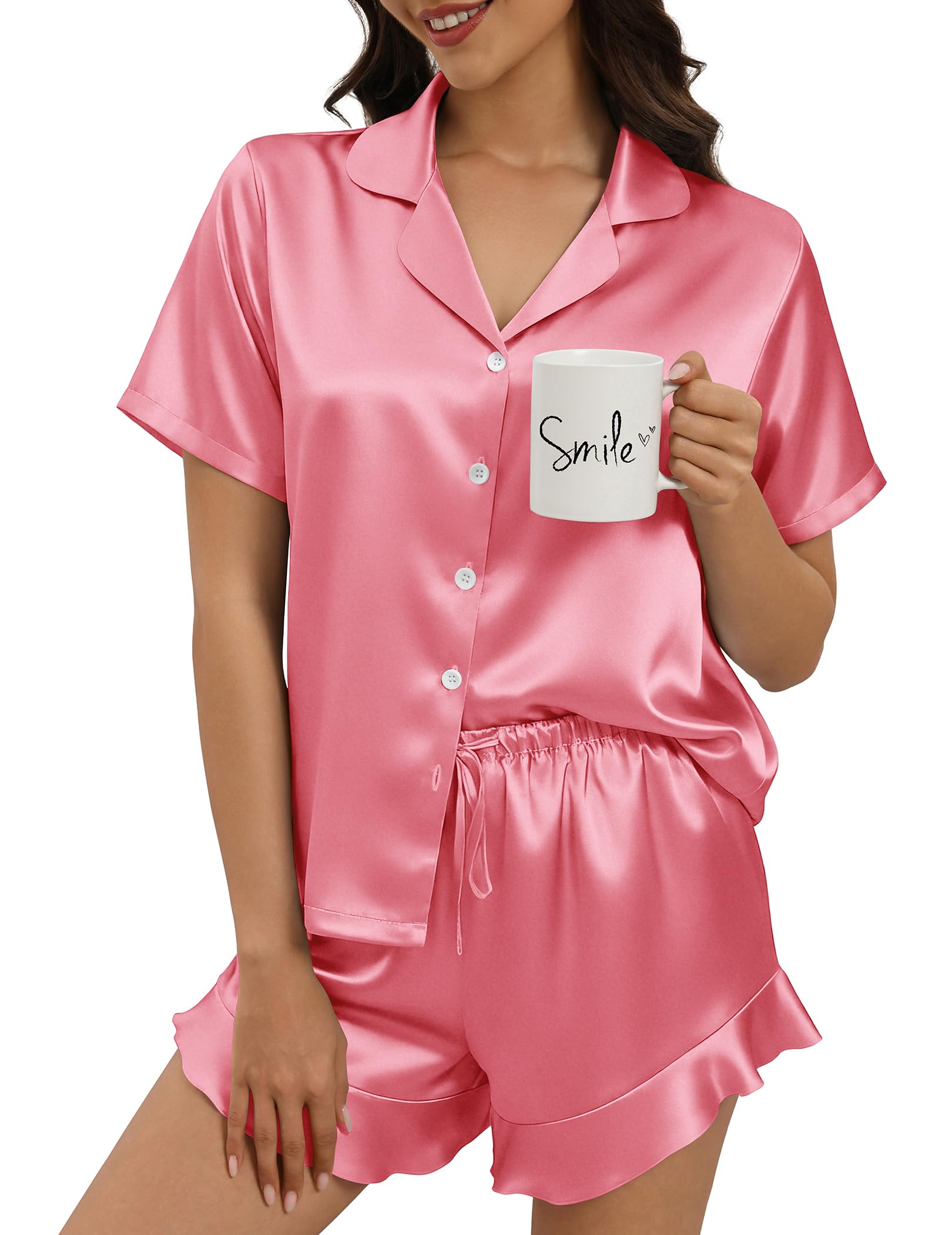 Silk Pajamas for Women Button Down 2 Piece Satin Pjs Shorts Set Ruffle Notch Collar Sleepwear Loungewear