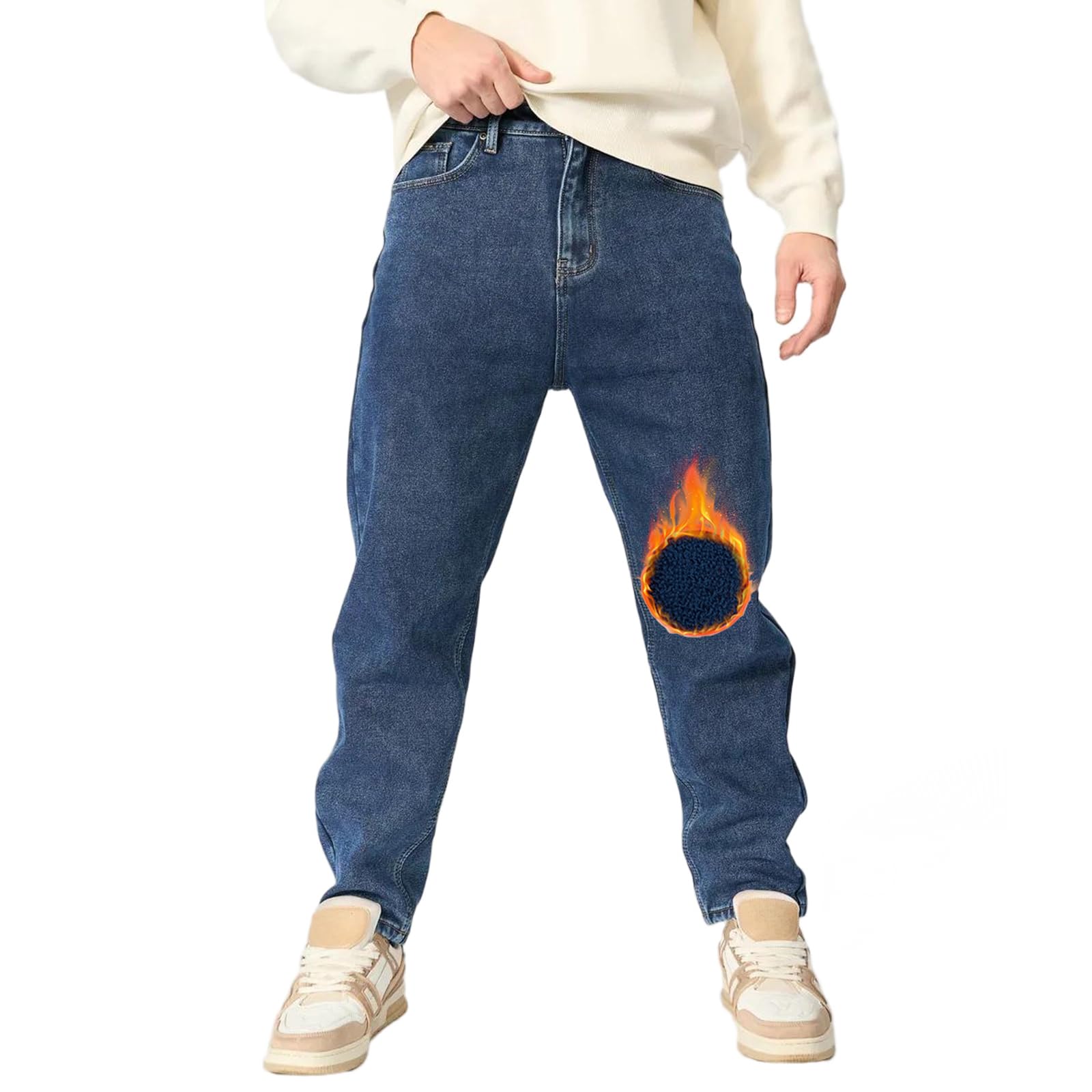 Fleece Lined Jeans Men Winter Stretch Denim Warm Pants Loose Casual Jeans